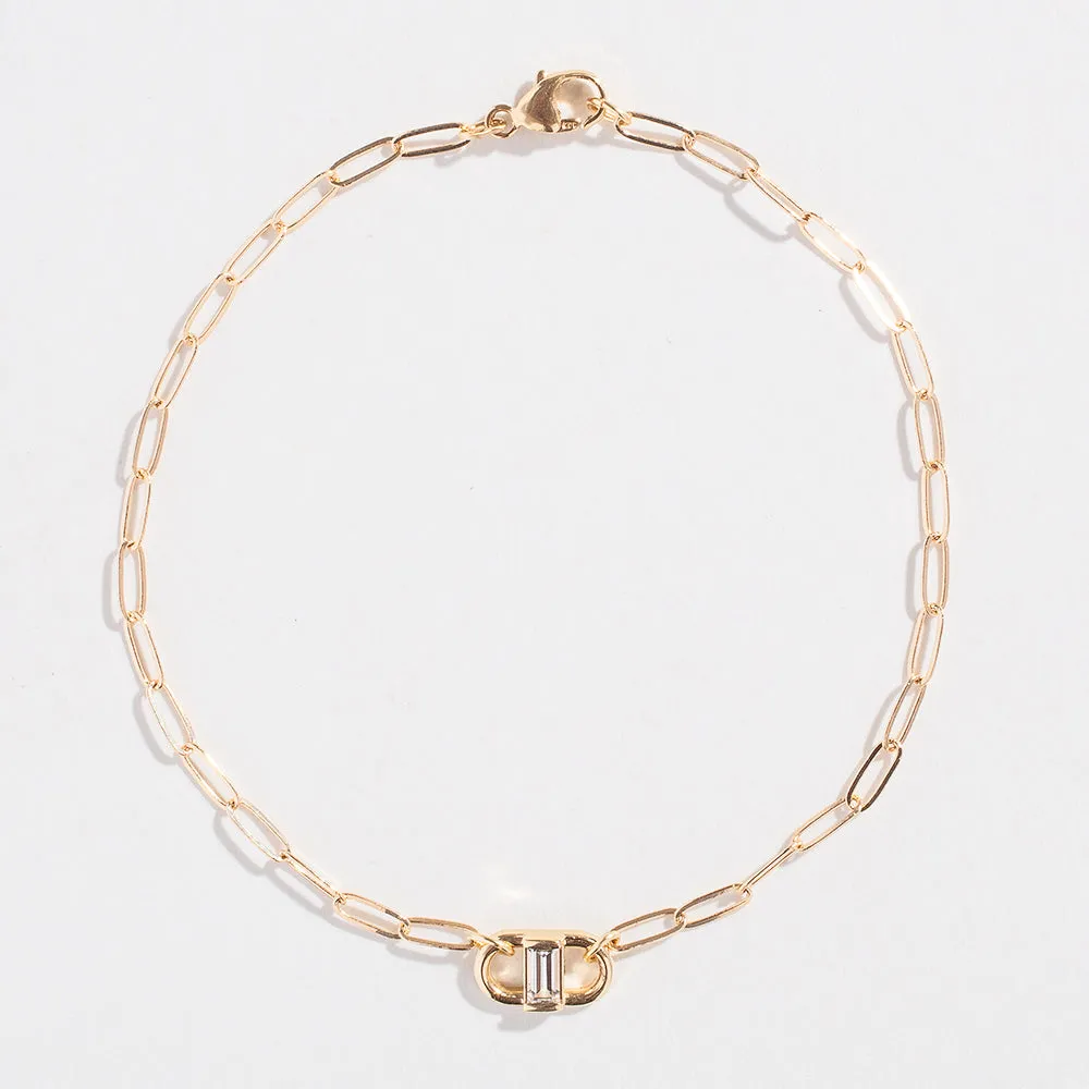 PAPERCLIP BRACELET WITH ACCENTED BAGUETTE | 14K GOLD AND WHITE SAPPHIRE