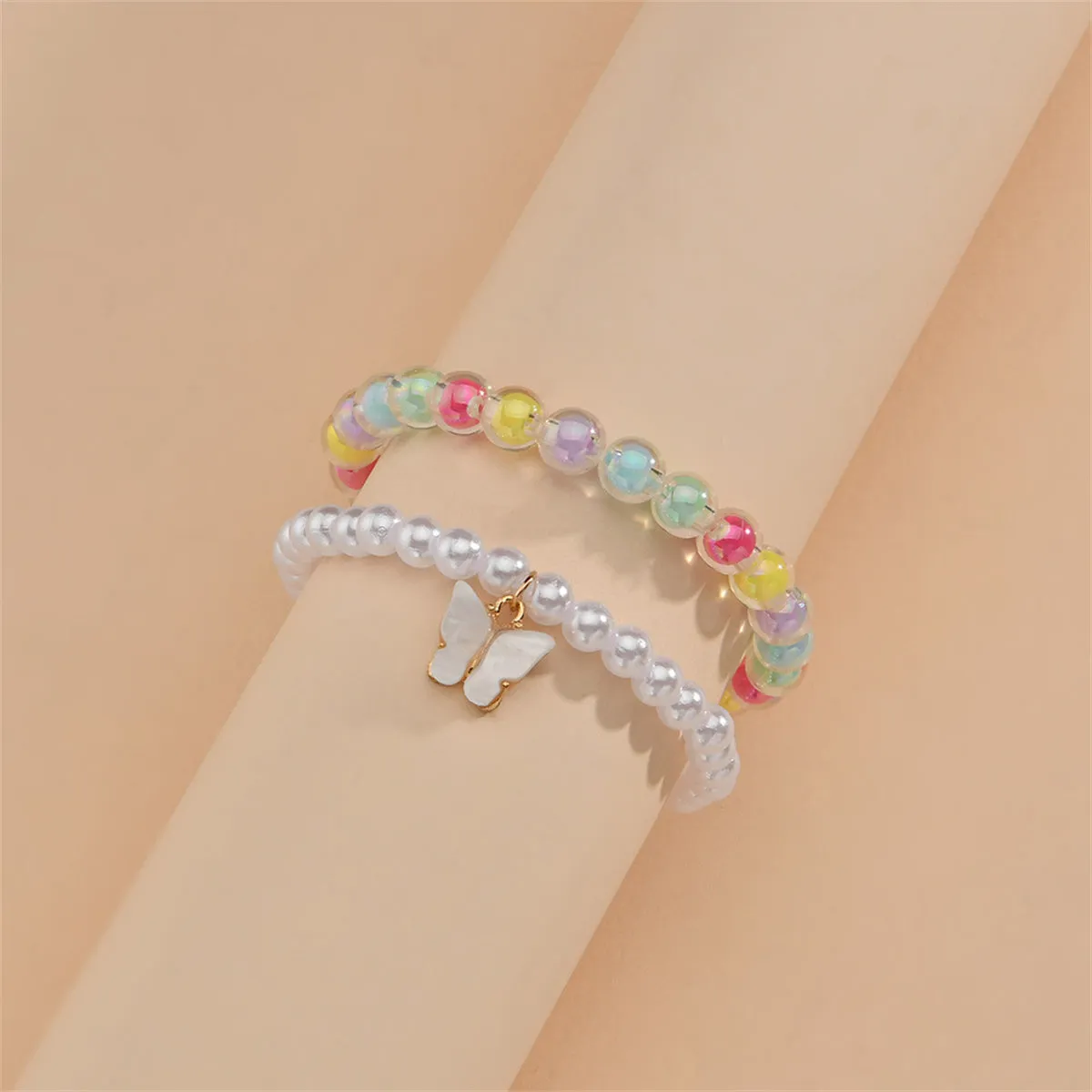Pearl & Acrylic 18K Gold-Plated Butterfly Charm Stretch Bracelet Set