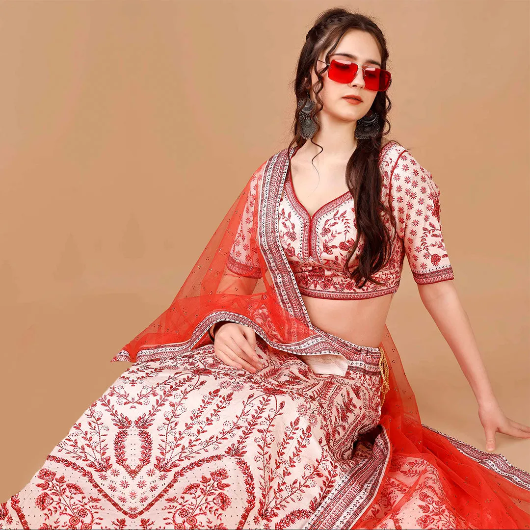 Pearl White and Red Lehenga Set