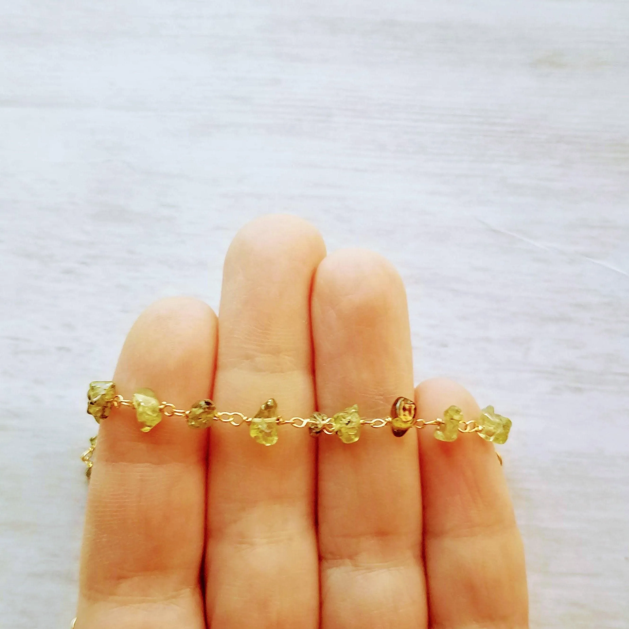 Peridot Bracelet - small semi precious gemstones chunks w/ delicate adjustable gold chain, August birthstone jewelry, August birthday gift