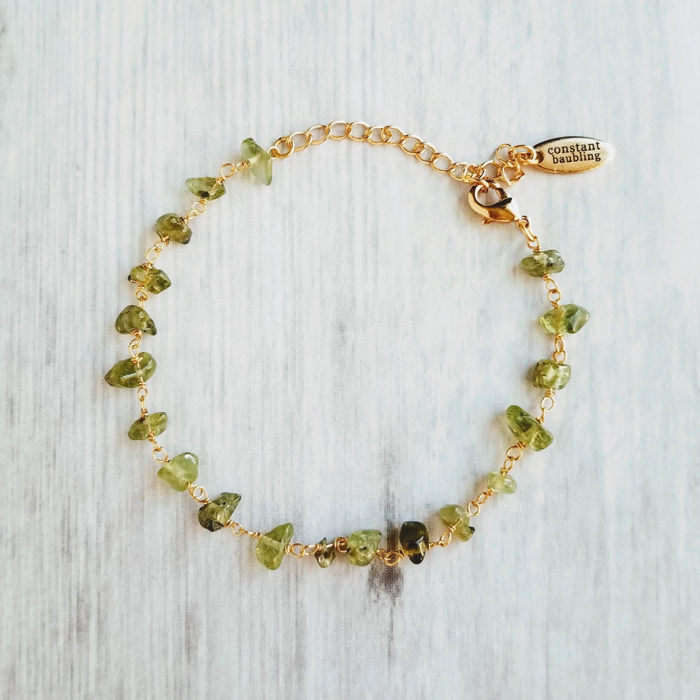 Peridot Bracelet - small semi precious gemstones chunks w/ delicate adjustable gold chain, August birthstone jewelry, August birthday gift