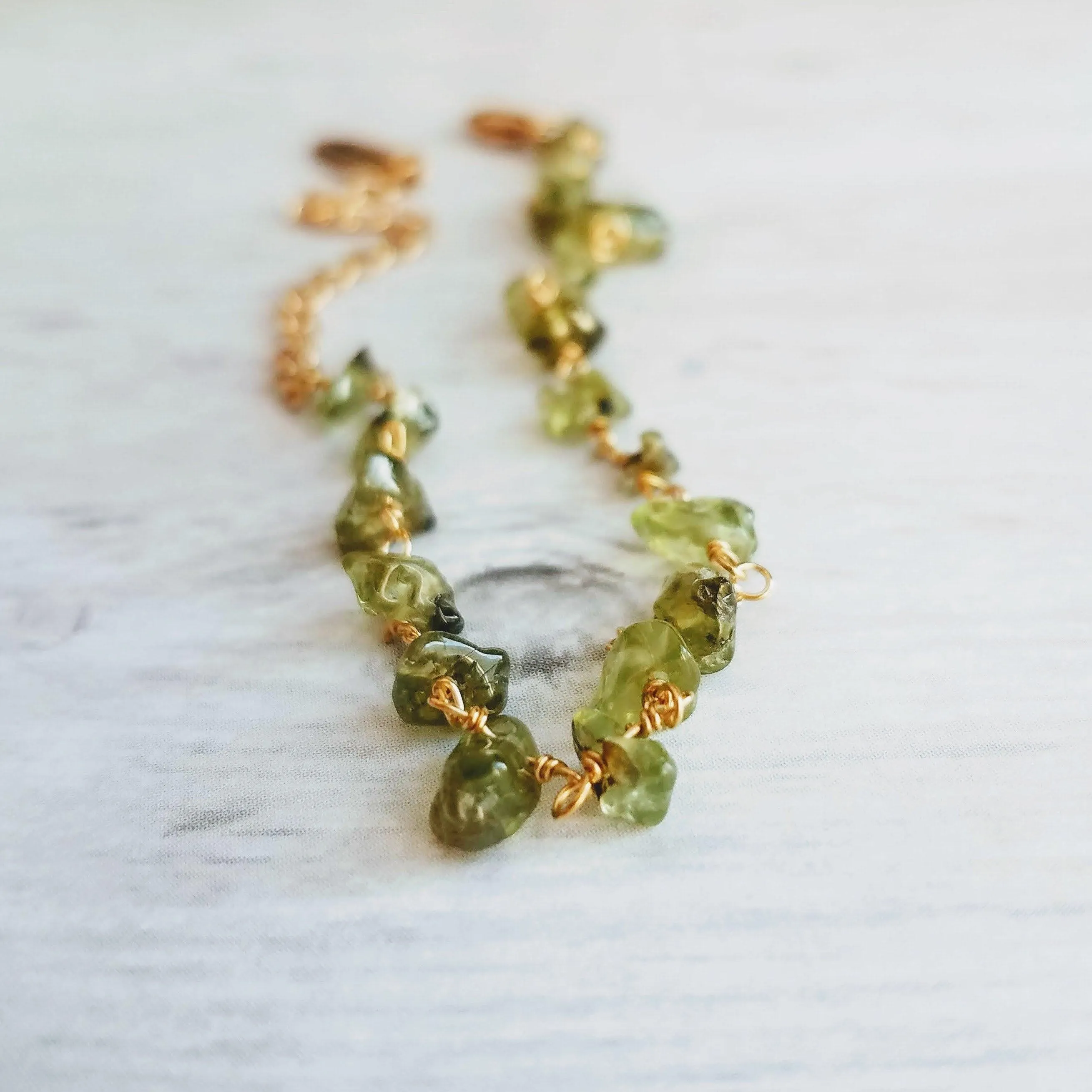 Peridot Bracelet - small semi precious gemstones chunks w/ delicate adjustable gold chain, August birthstone jewelry, August birthday gift