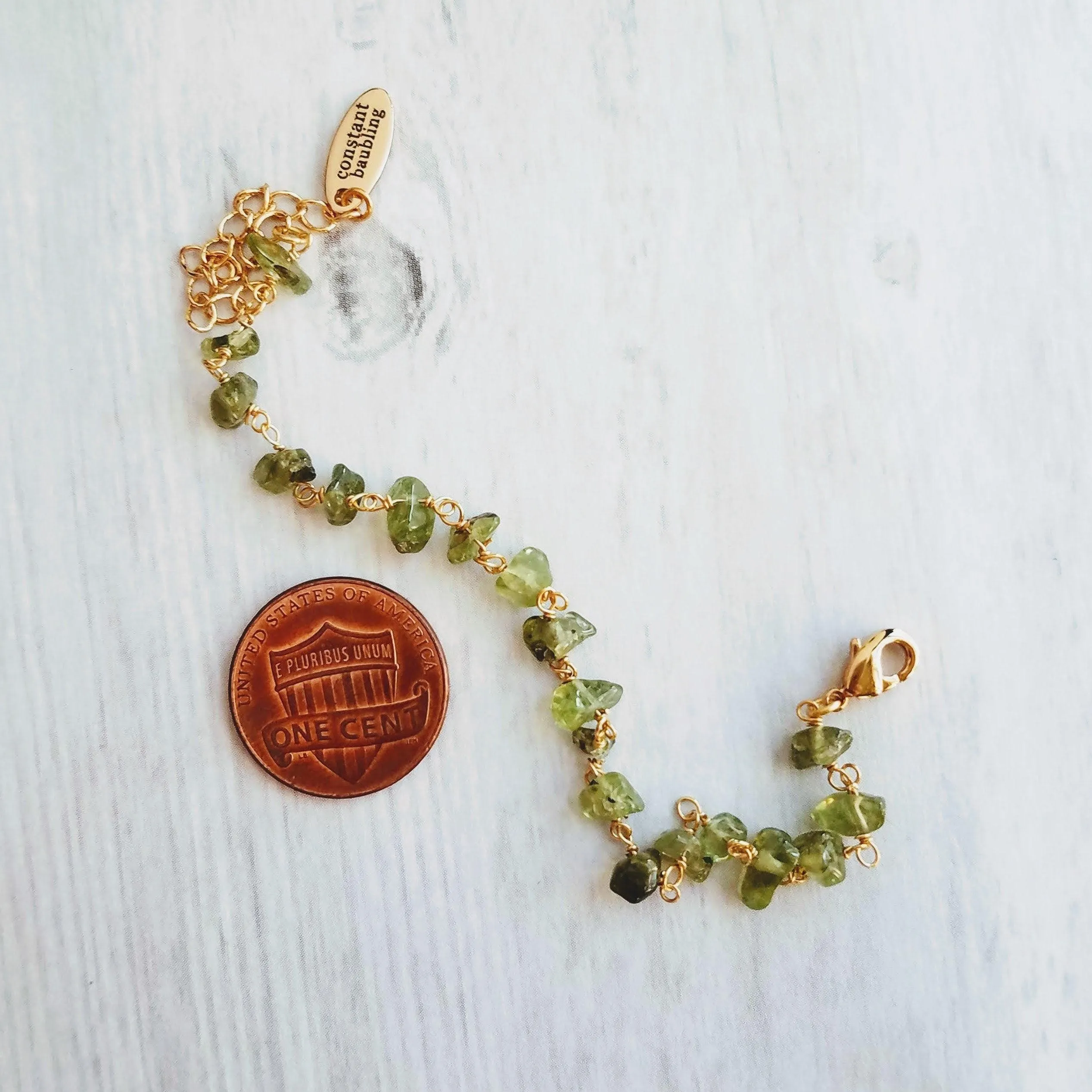 Peridot Bracelet - small semi precious gemstones chunks w/ delicate adjustable gold chain, August birthstone jewelry, August birthday gift