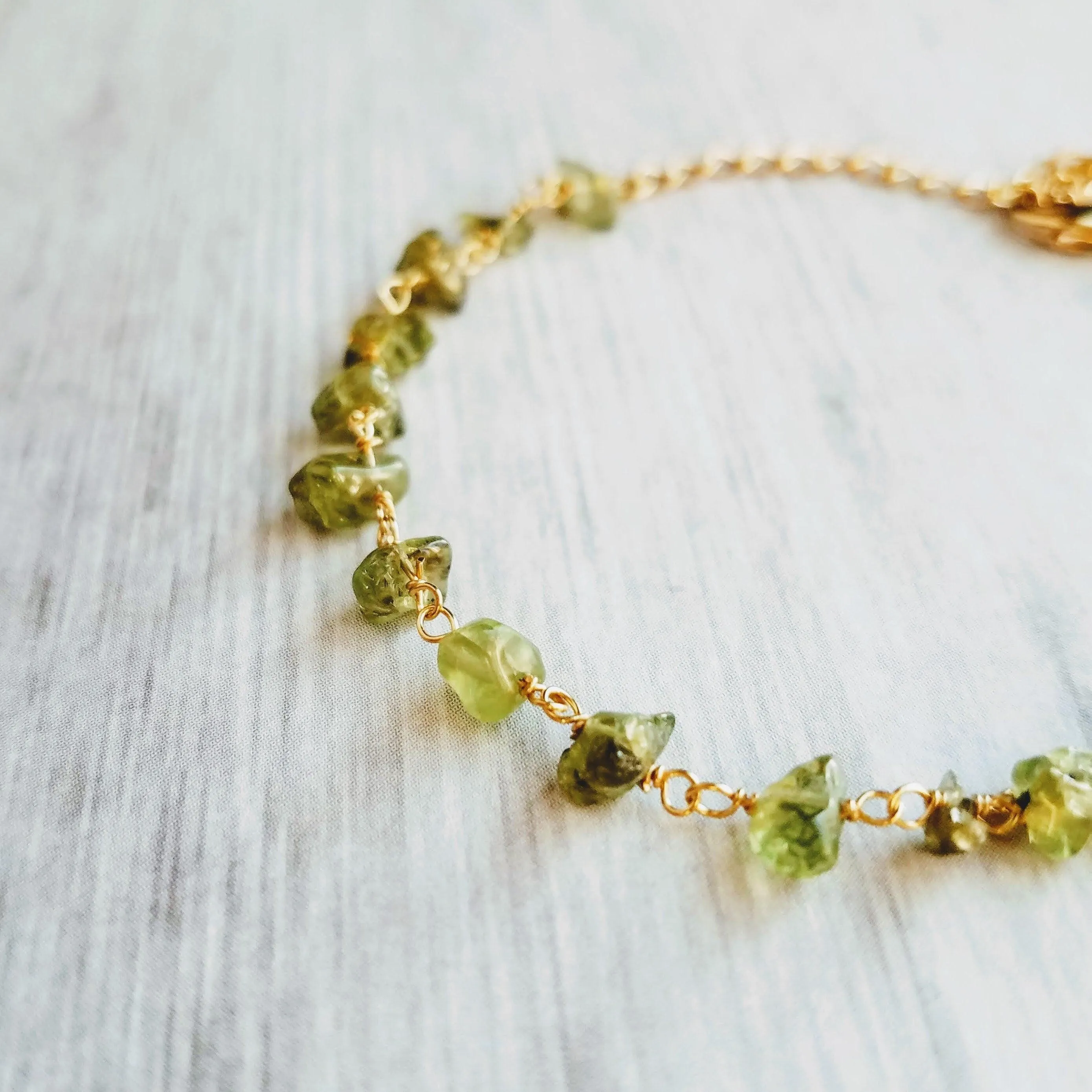 Peridot Bracelet - small semi precious gemstones chunks w/ delicate adjustable gold chain, August birthstone jewelry, August birthday gift