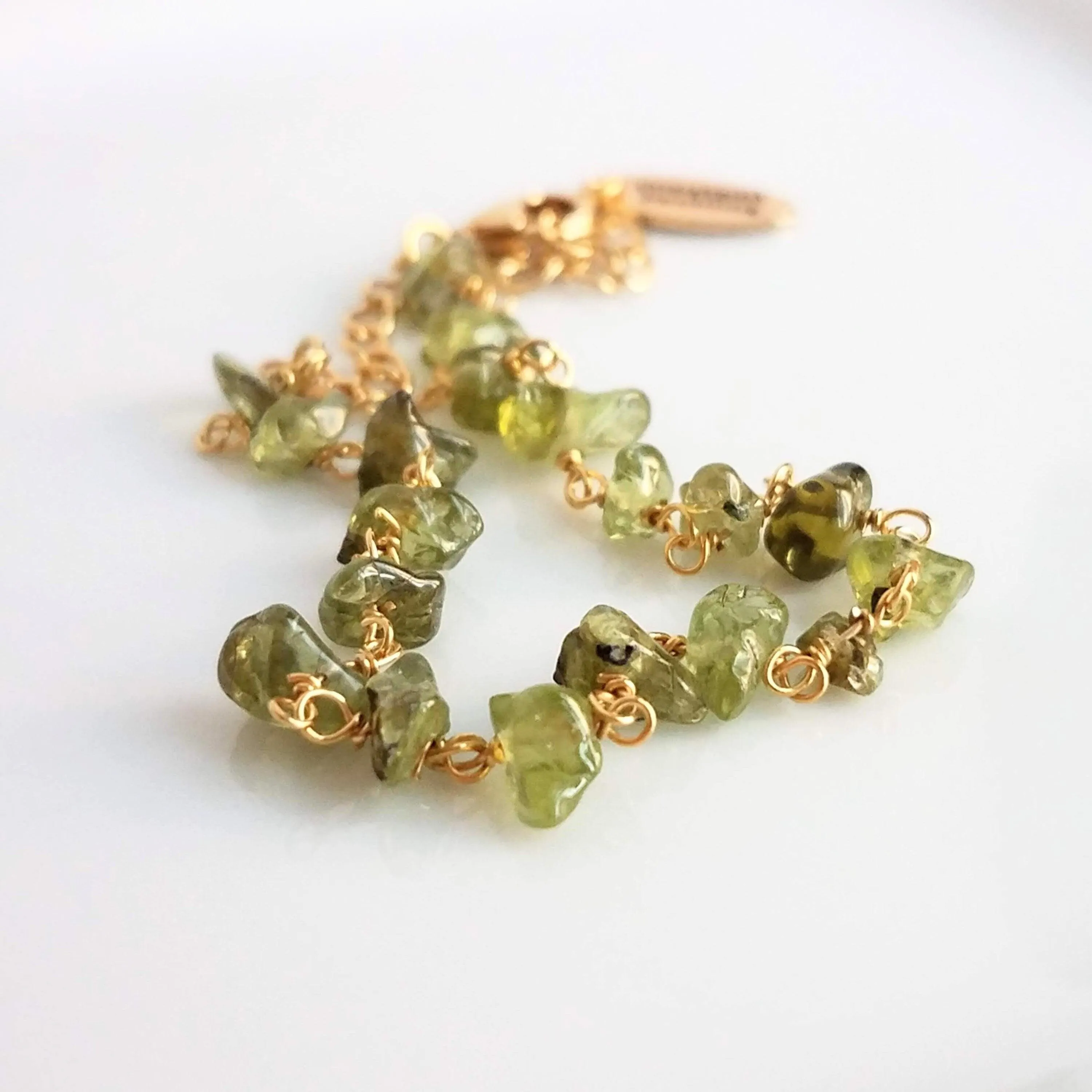 Peridot Bracelet - small semi precious gemstones chunks w/ delicate adjustable gold chain, August birthstone jewelry, August birthday gift