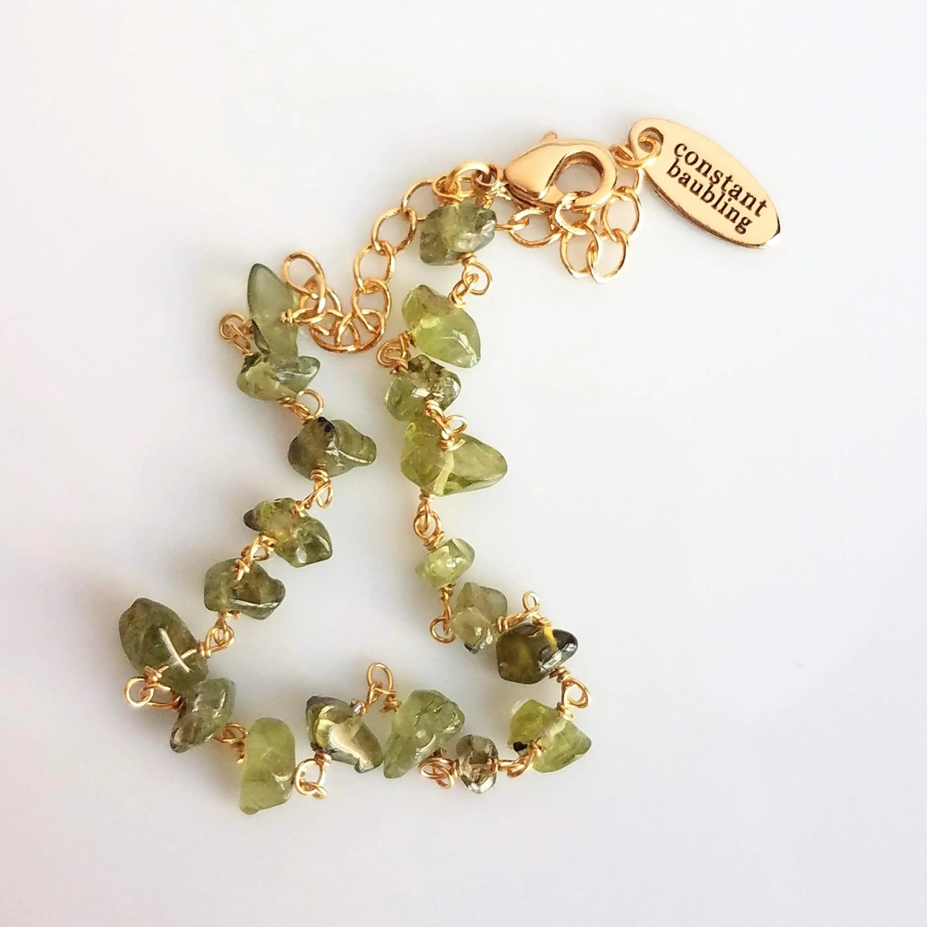 Peridot Bracelet - small semi precious gemstones chunks w/ delicate adjustable gold chain, August birthstone jewelry, August birthday gift