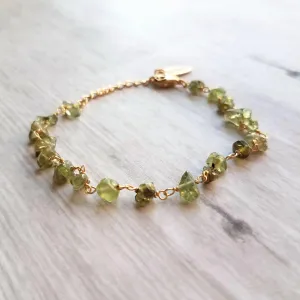 Peridot Bracelet - small semi precious gemstones chunks w/ delicate adjustable gold chain, August birthstone jewelry, August birthday gift