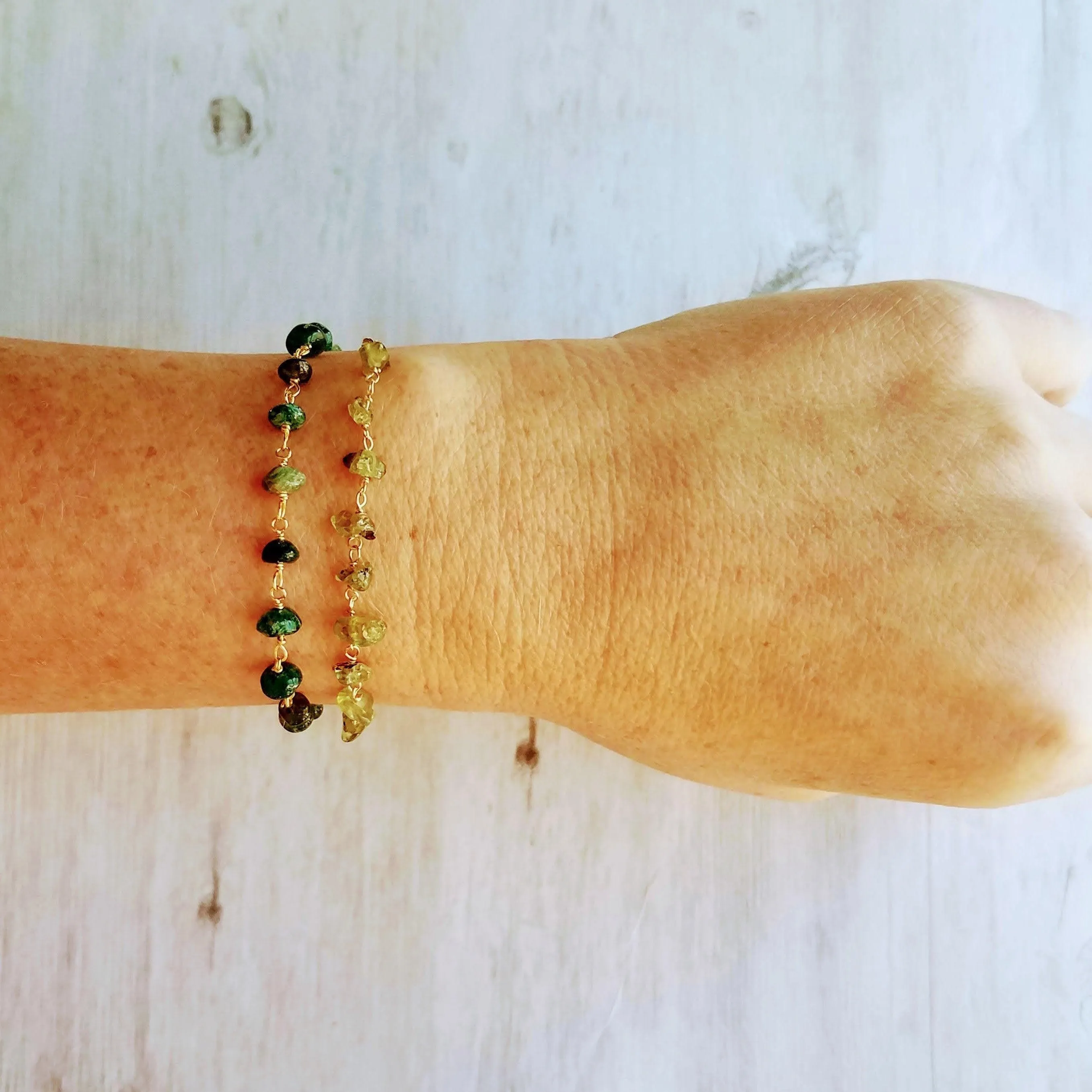 Peridot Bracelet - small semi precious gemstones chunks w/ delicate adjustable gold chain, August birthstone jewelry, August birthday gift