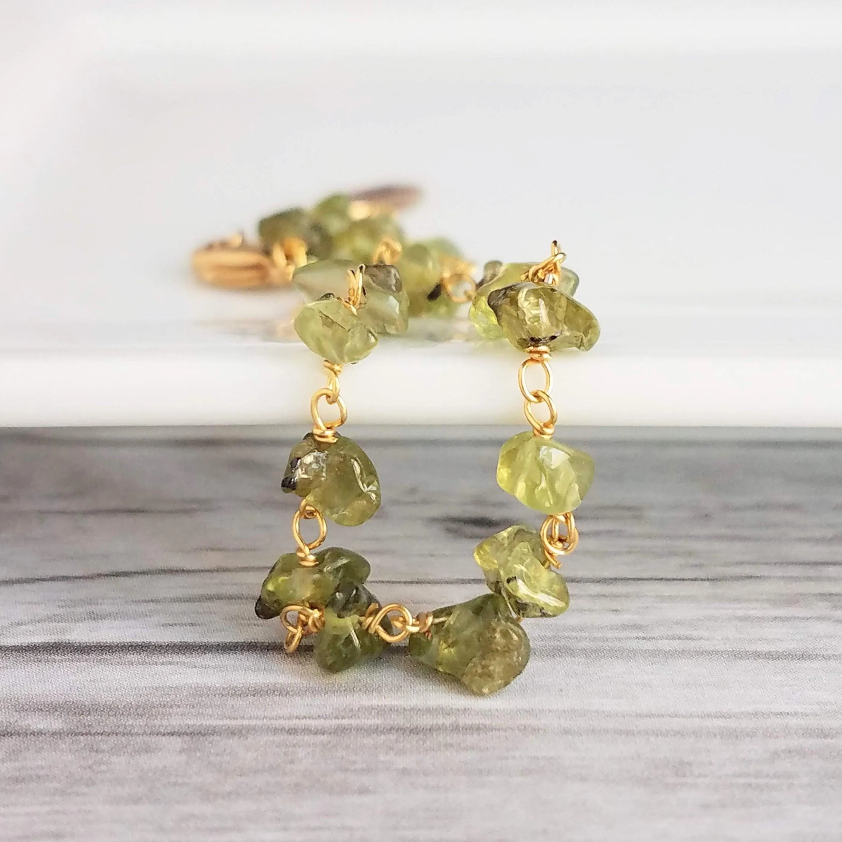 Peridot Bracelet - small semi precious gemstones chunks w/ delicate adjustable gold chain, August birthstone jewelry, August birthday gift