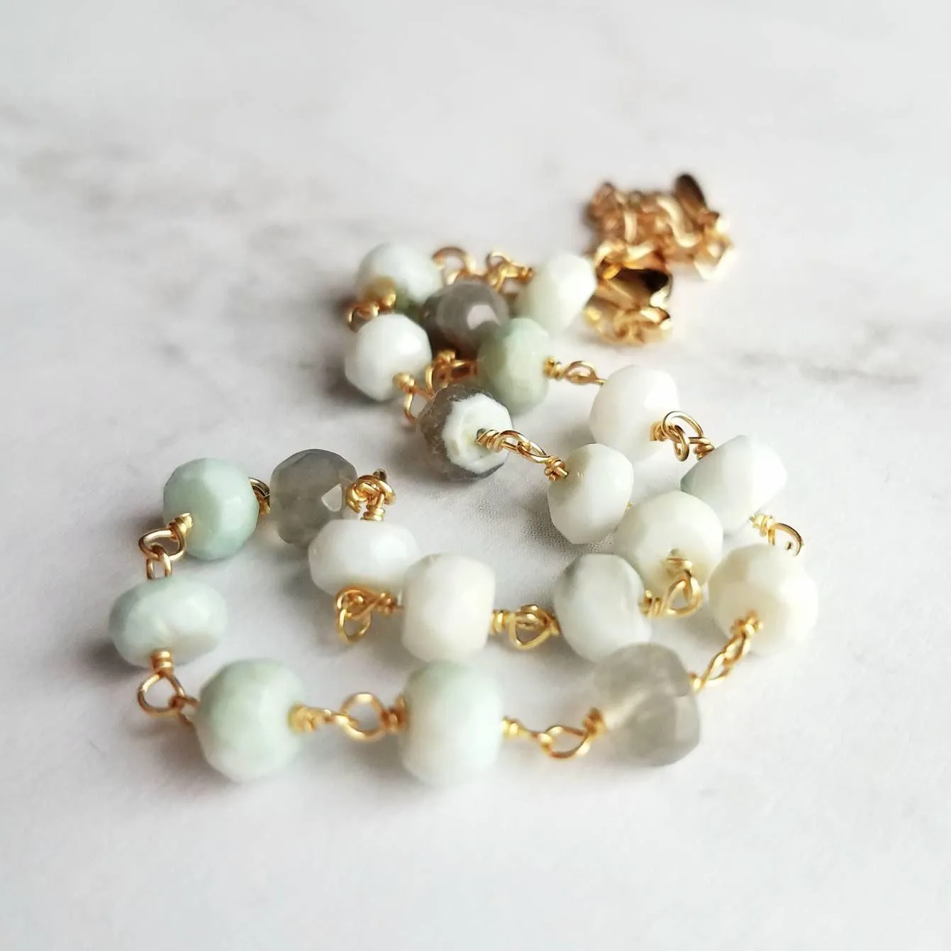 Peruvian Opal Bracelet, light blue stone bracelet, small gemstone bracelet, mint stone, tiny stone chain, rosary chain, dainty gold bracelet