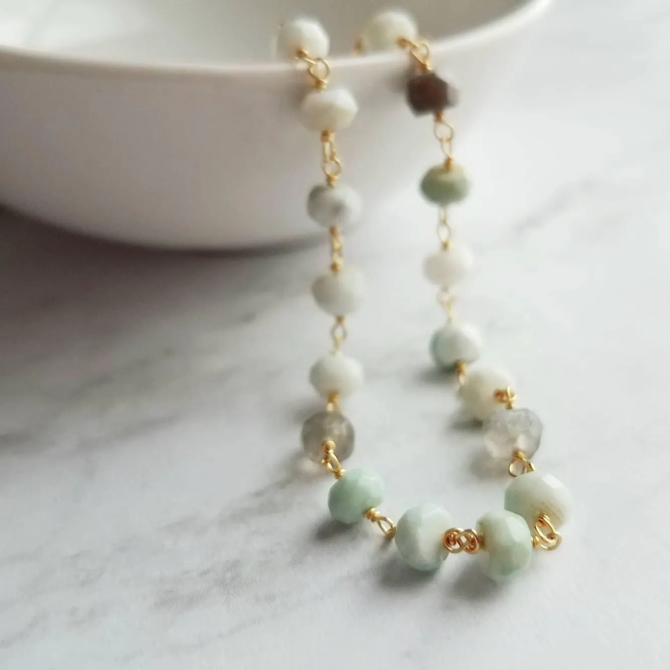 Peruvian Opal Bracelet, light blue stone bracelet, small gemstone bracelet, mint stone, tiny stone chain, rosary chain, dainty gold bracelet