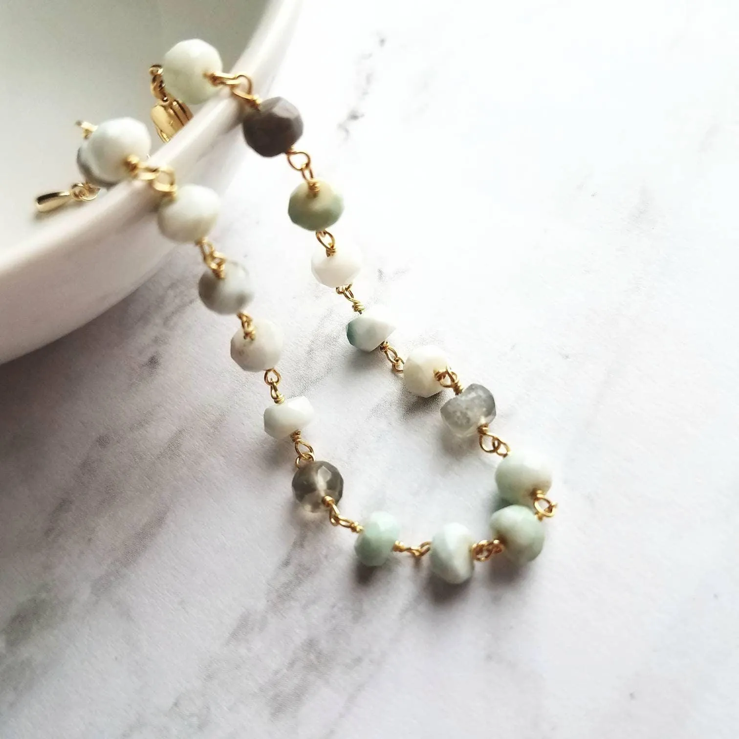 Peruvian Opal Bracelet, light blue stone bracelet, small gemstone bracelet, mint stone, tiny stone chain, rosary chain, dainty gold bracelet