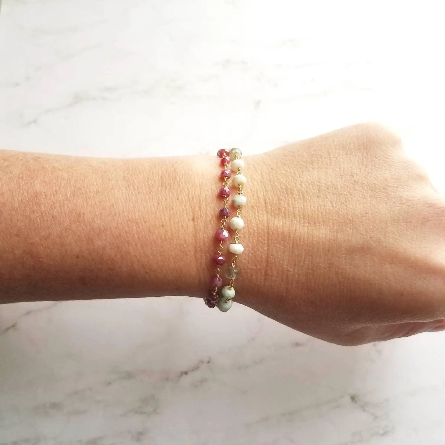 Peruvian Opal Bracelet, light blue stone bracelet, small gemstone bracelet, mint stone, tiny stone chain, rosary chain, dainty gold bracelet