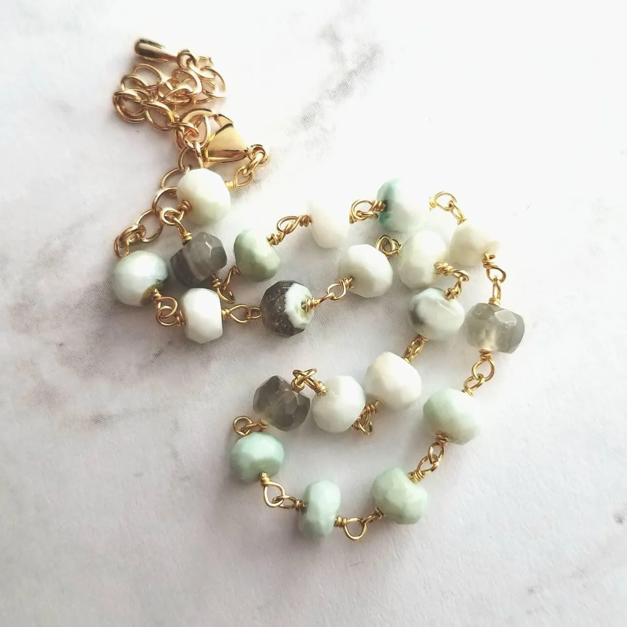 Peruvian Opal Bracelet, light blue stone bracelet, small gemstone bracelet, mint stone, tiny stone chain, rosary chain, dainty gold bracelet