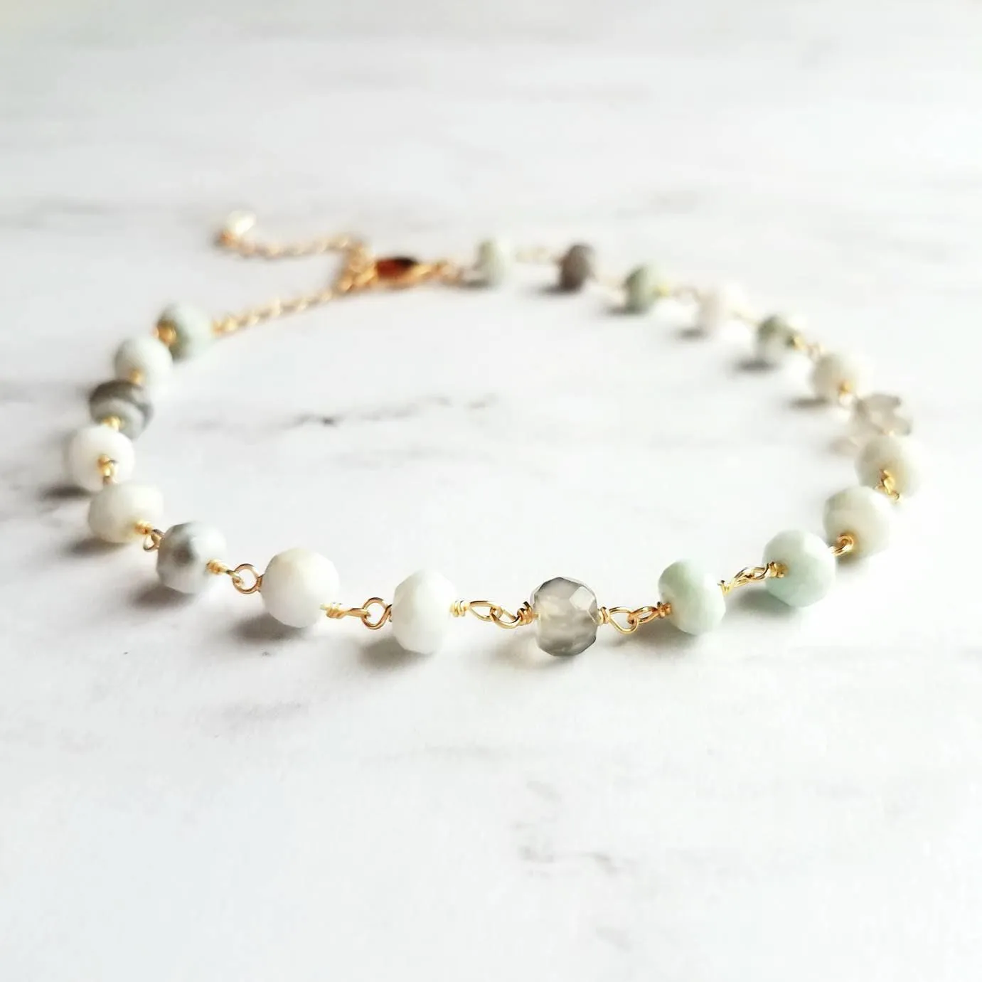 Peruvian Opal Bracelet, light blue stone bracelet, small gemstone bracelet, mint stone, tiny stone chain, rosary chain, dainty gold bracelet