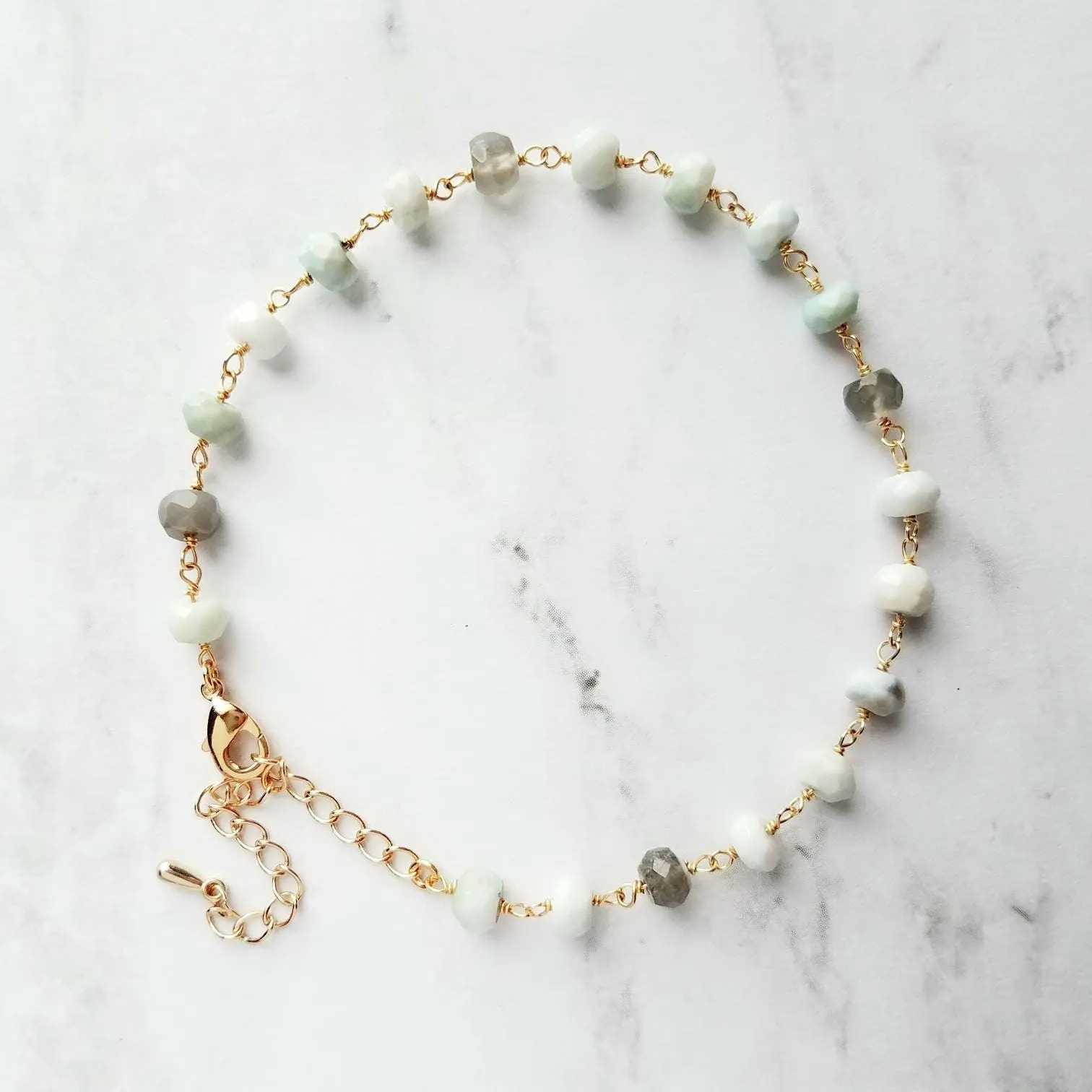 Peruvian Opal Bracelet, light blue stone bracelet, small gemstone bracelet, mint stone, tiny stone chain, rosary chain, dainty gold bracelet