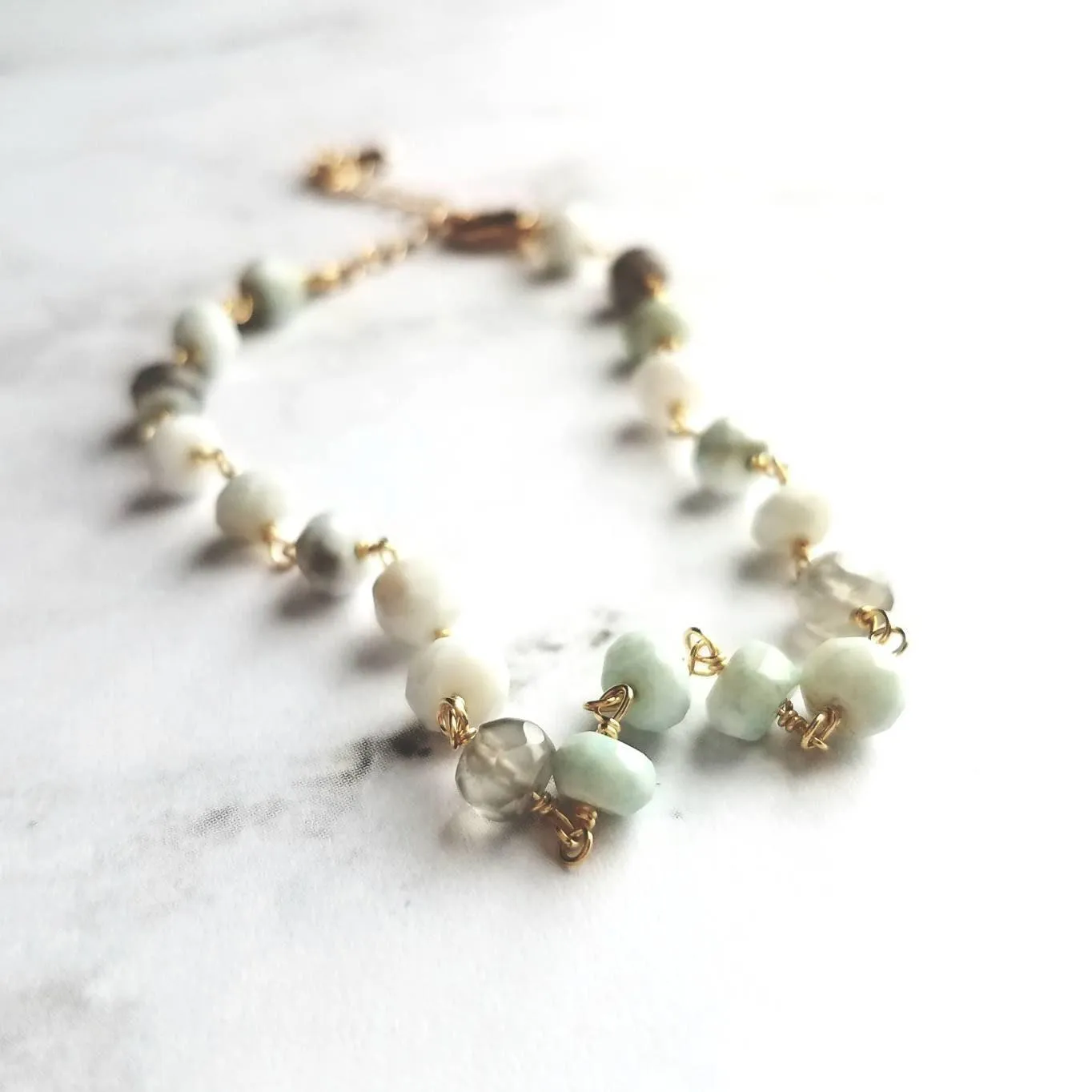 Peruvian Opal Bracelet, light blue stone bracelet, small gemstone bracelet, mint stone, tiny stone chain, rosary chain, dainty gold bracelet