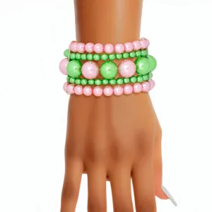 Pink & Green Stacked Pearl Bracelet for Women - AKA Sorority Inspired 4-Strand Stretch Bracelet
