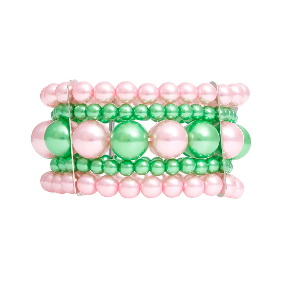 Pink & Green Stacked Pearl Bracelet for Women - AKA Sorority Inspired 4-Strand Stretch Bracelet