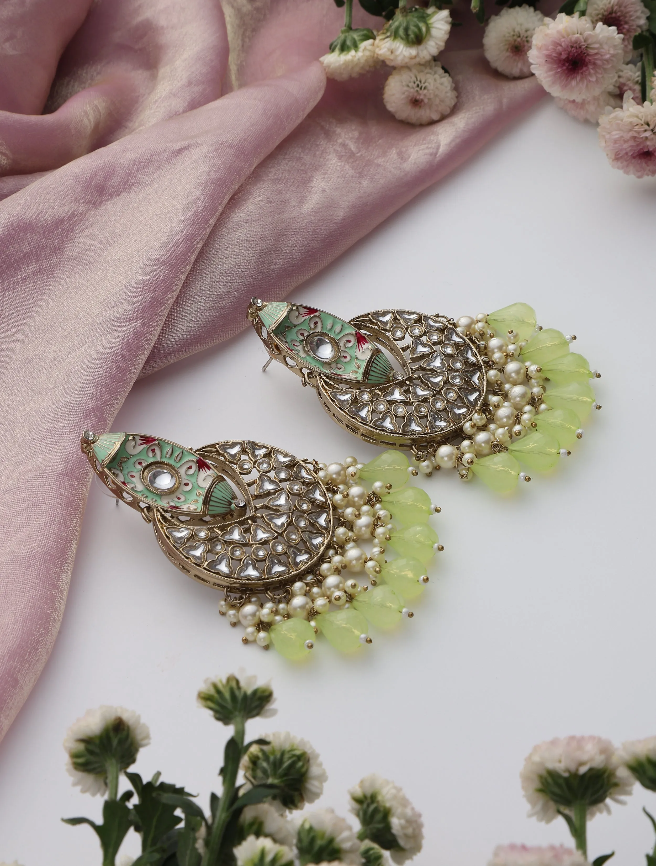Pista Green Color Meenakari Kundan Earrings