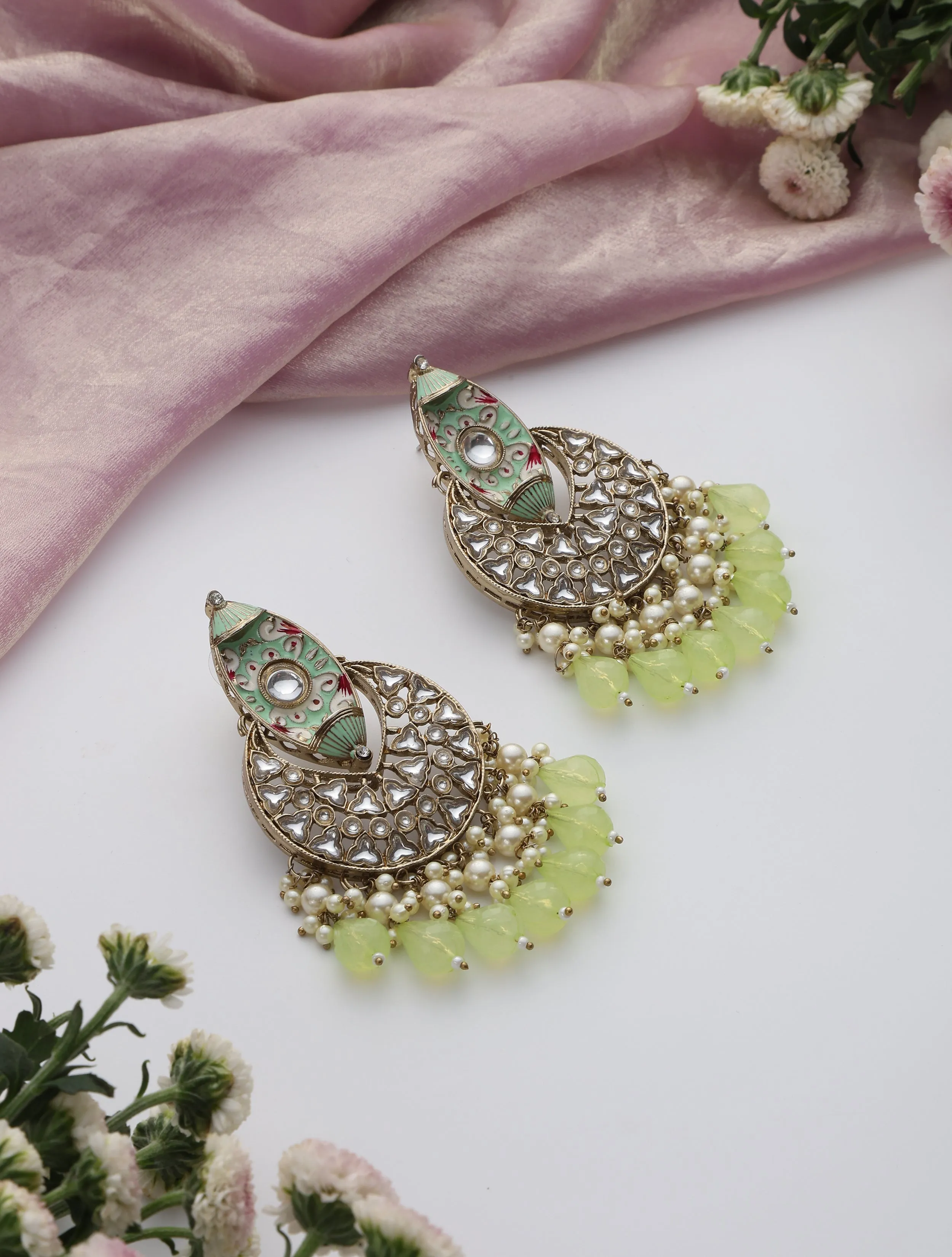 Pista Green Color Meenakari Kundan Earrings