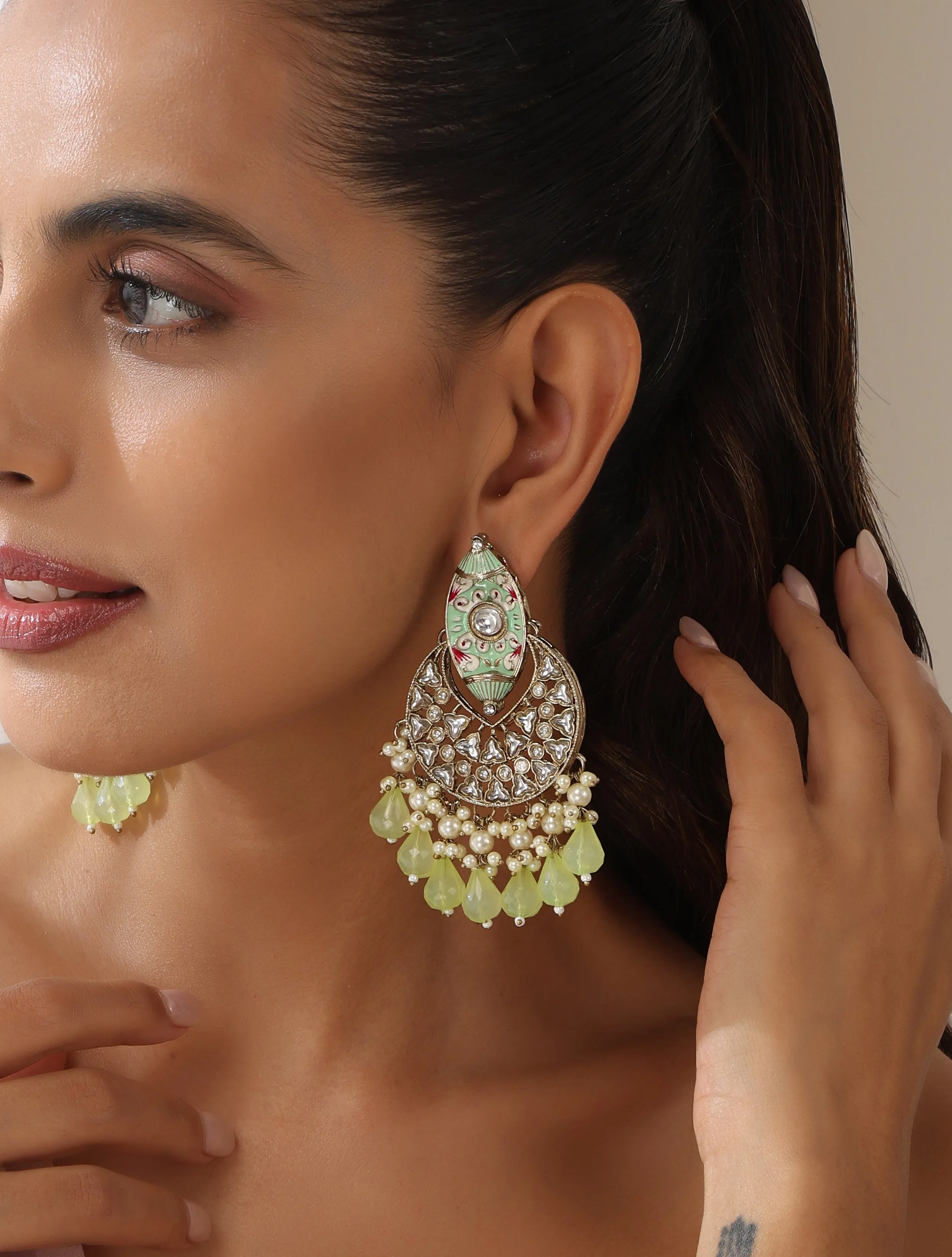 Pista Green Color Meenakari Kundan Earrings