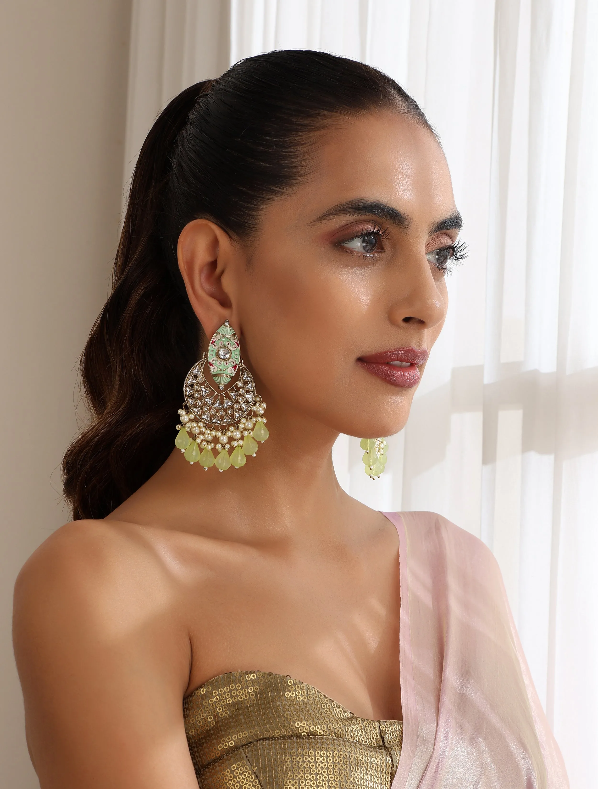 Pista Green Color Meenakari Kundan Earrings