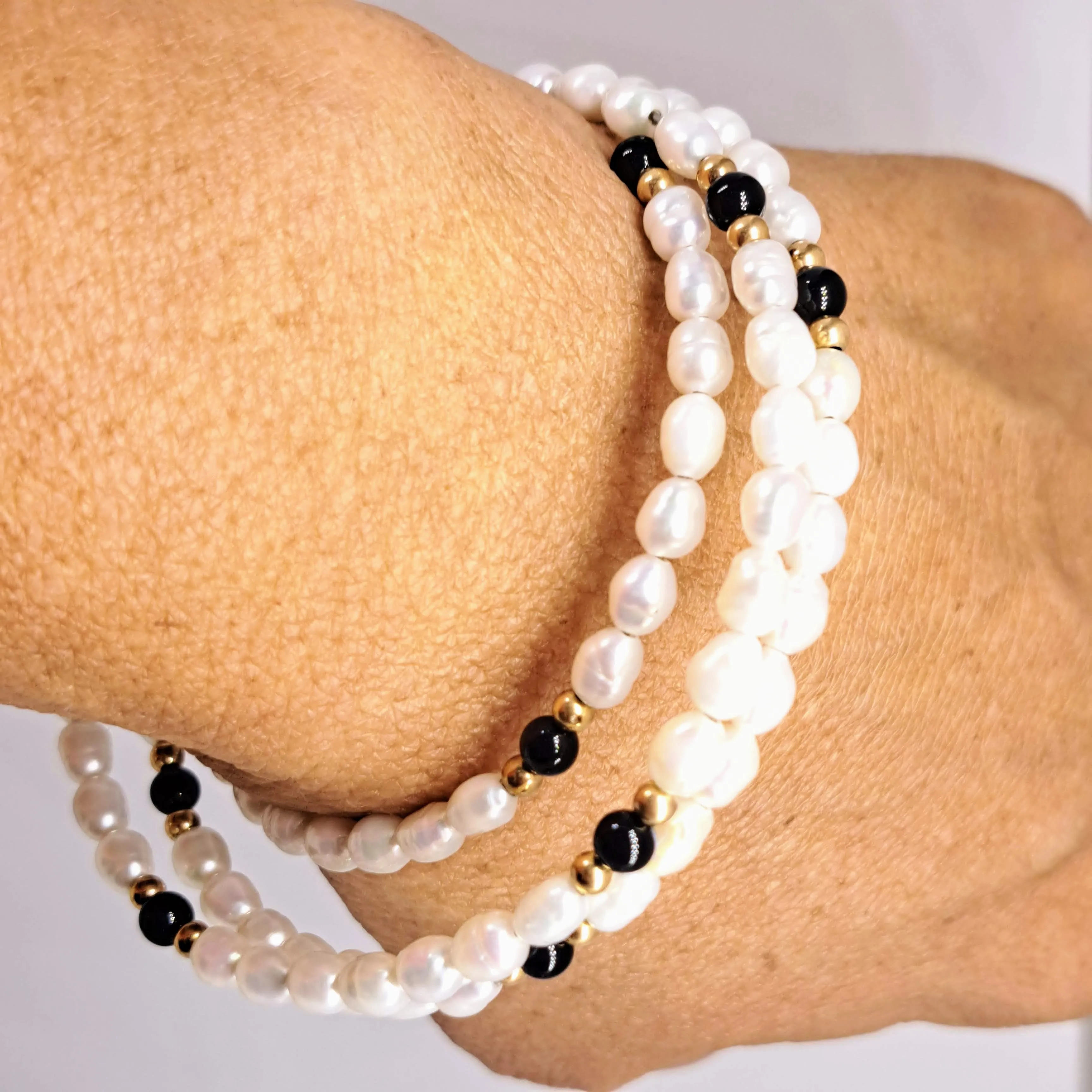 "Angel Food" Free Size Bracelet - Pearls, Onyx, 14K Gold