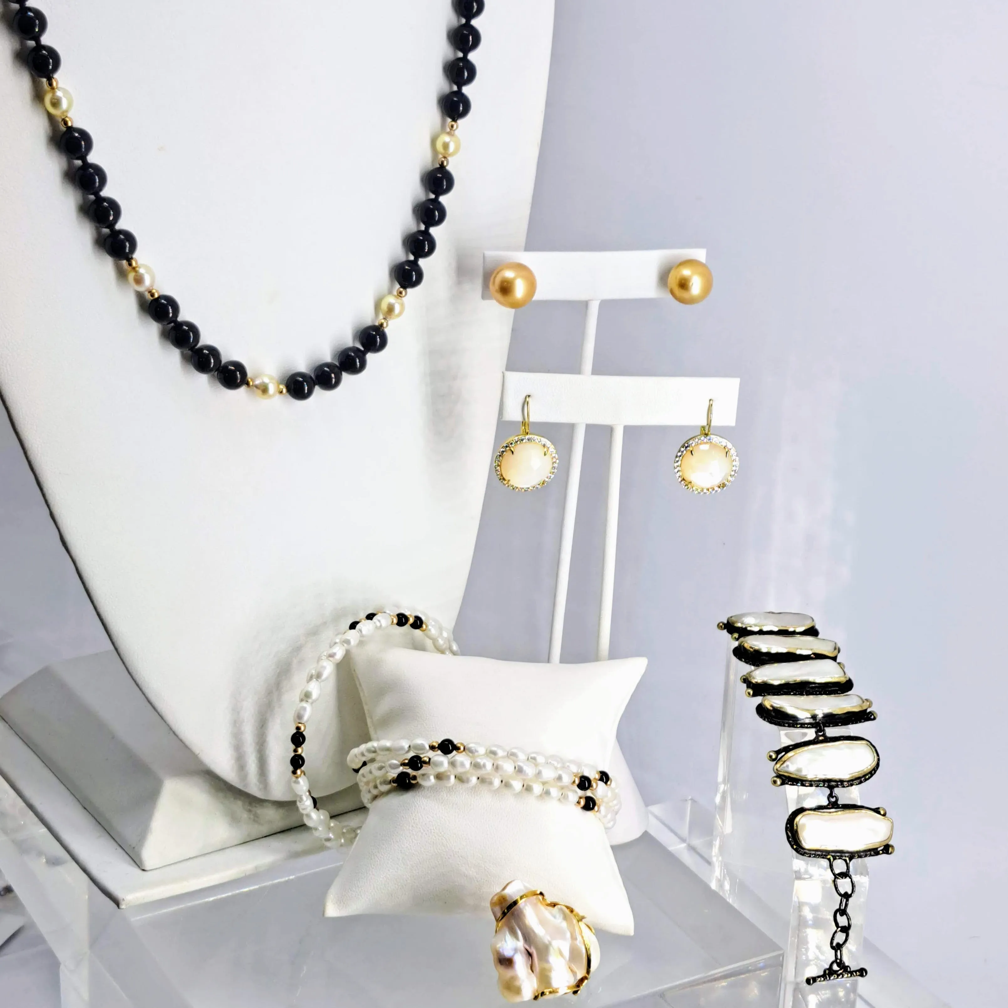 "Angel Food" Free Size Bracelet - Pearls, Onyx, 14K Gold