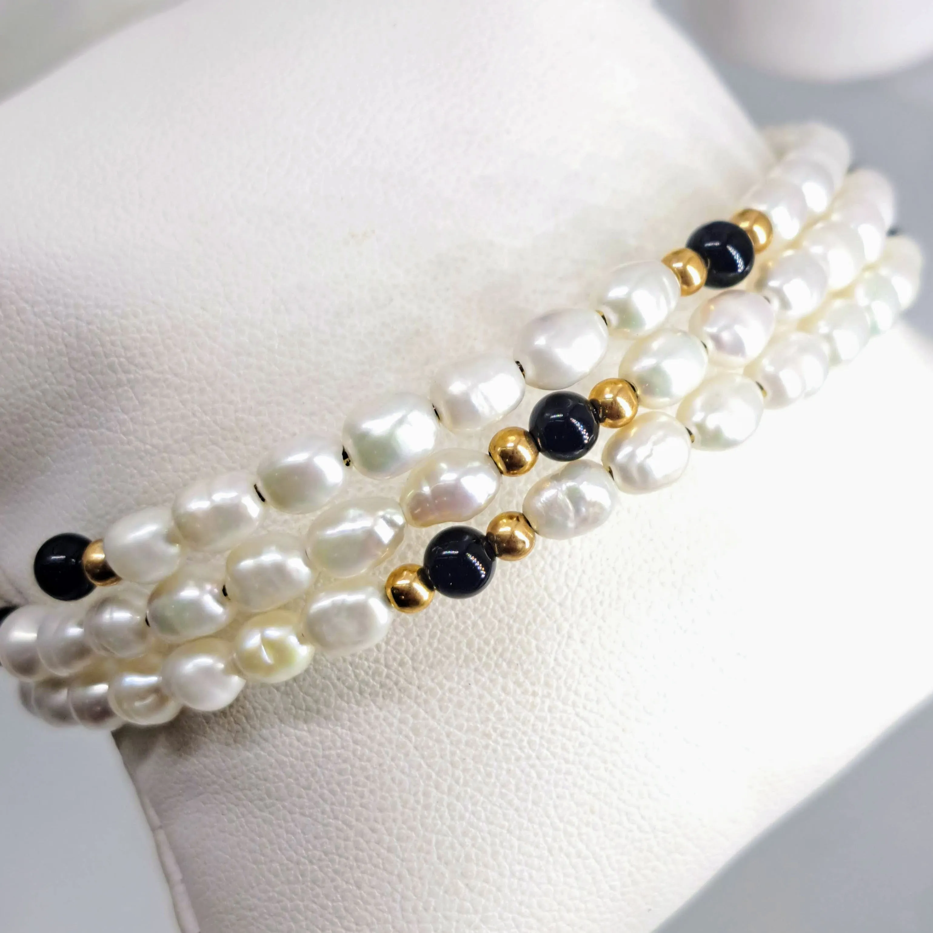 "Angel Food" Free Size Bracelet - Pearls, Onyx, 14K Gold