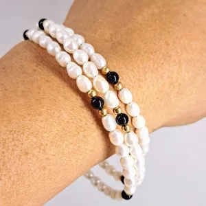 "Angel Food" Free Size Bracelet - Pearls, Onyx, 14K Gold
