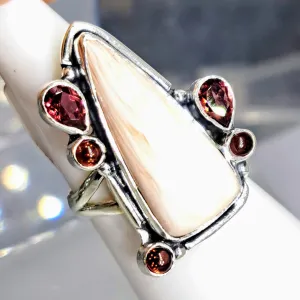 "Flamingo Feather" Sz 7 Ring - Scolecite, Garnet, Sterling