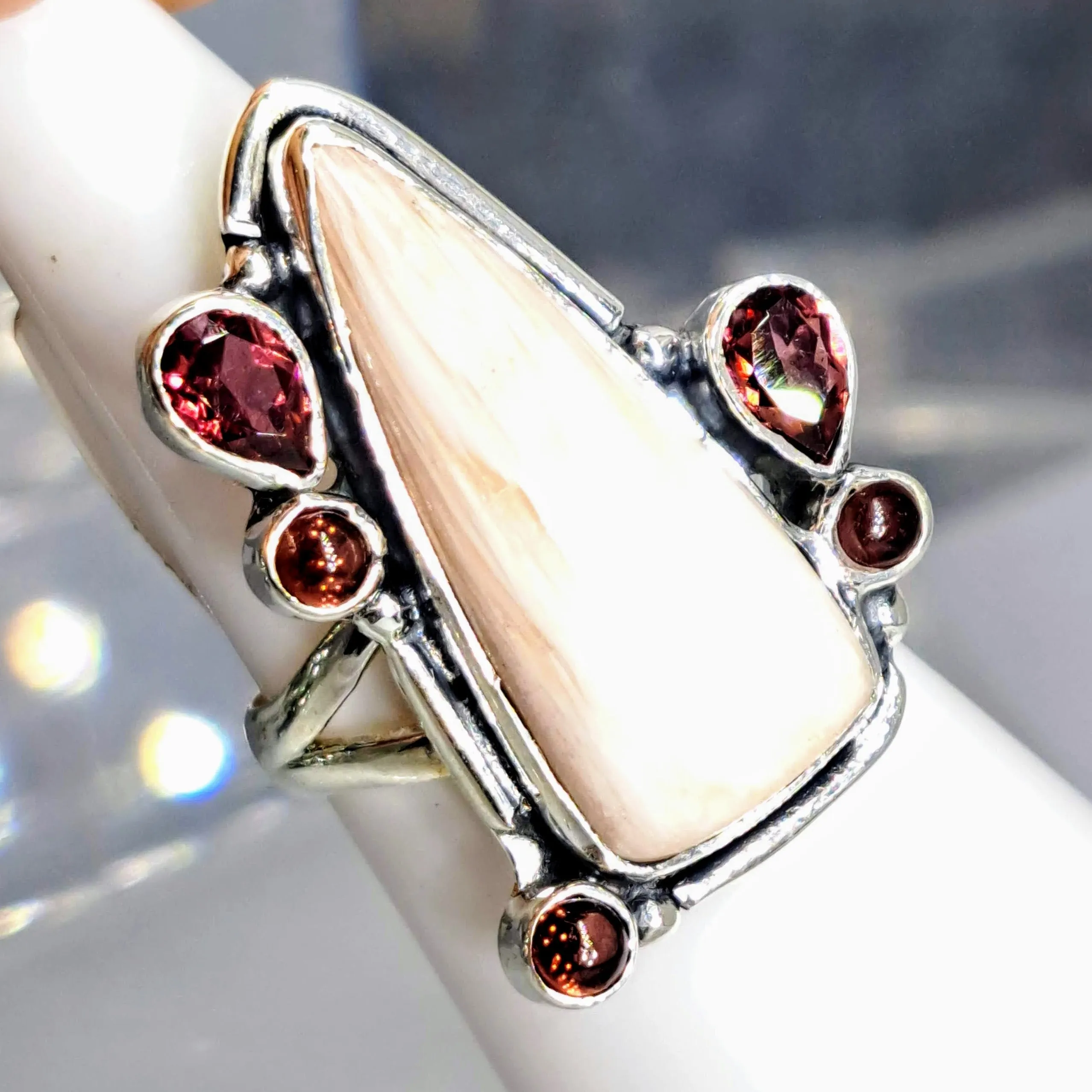 "Flamingo Feather" Sz 7 Ring - Scolecite, Garnet, Sterling