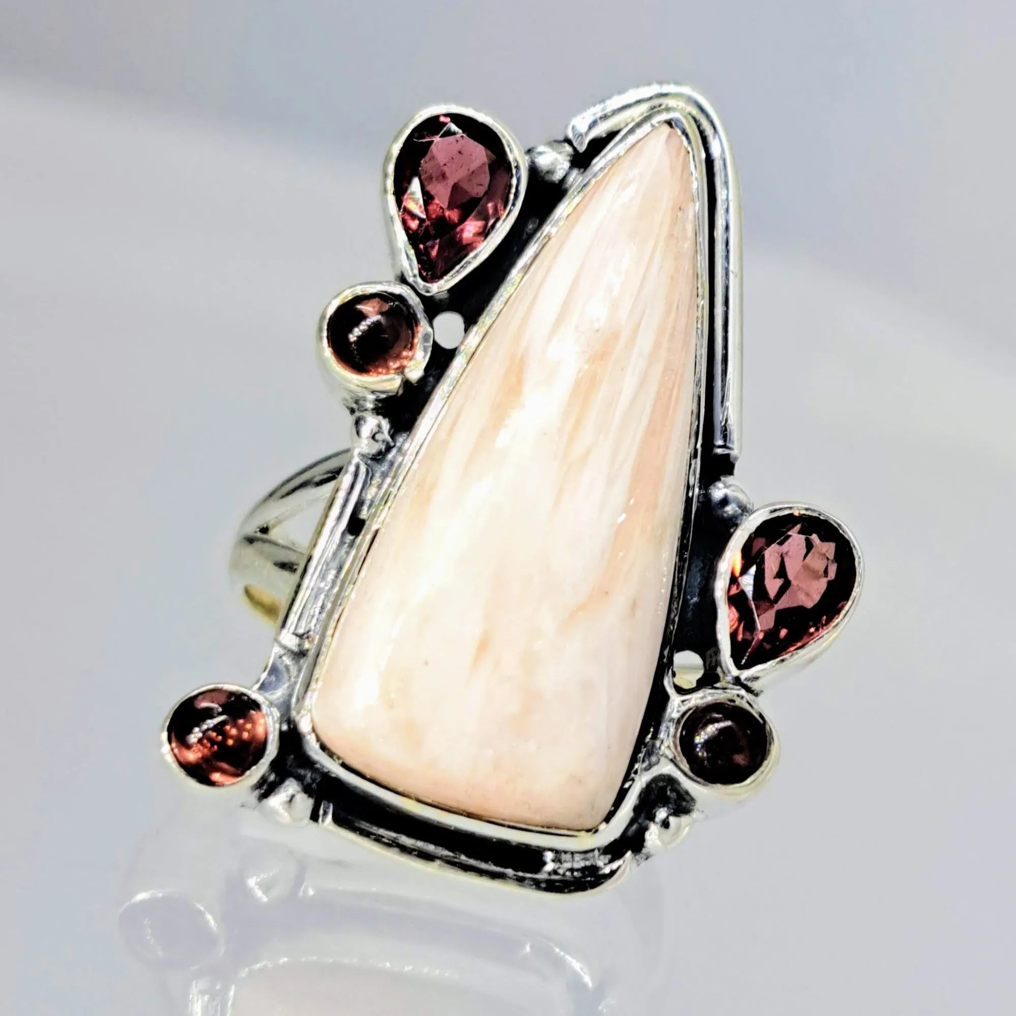 "Flamingo Feather" Sz 7 Ring - Scolecite, Garnet, Sterling