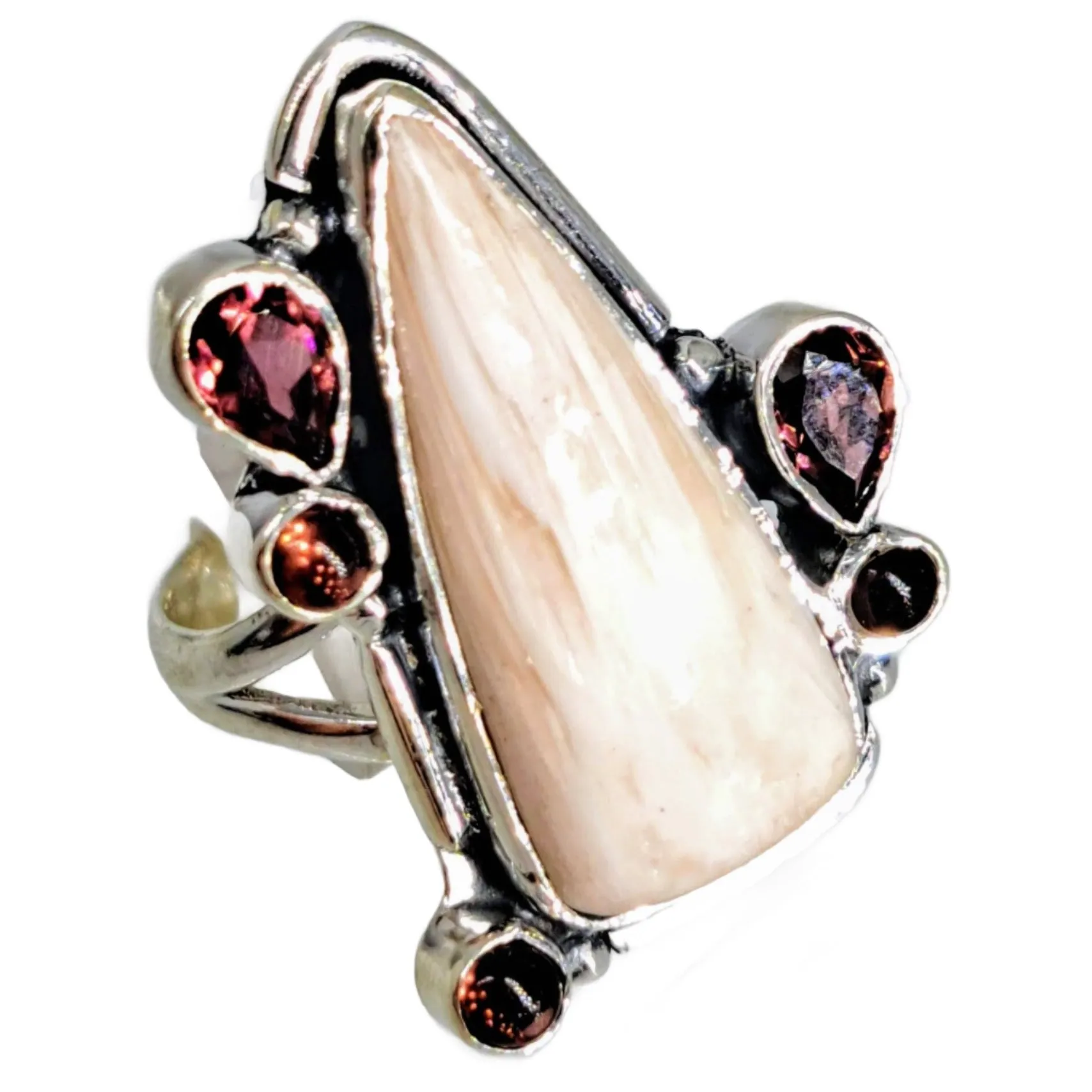 "Flamingo Feather" Sz 7 Ring - Scolecite, Garnet, Sterling