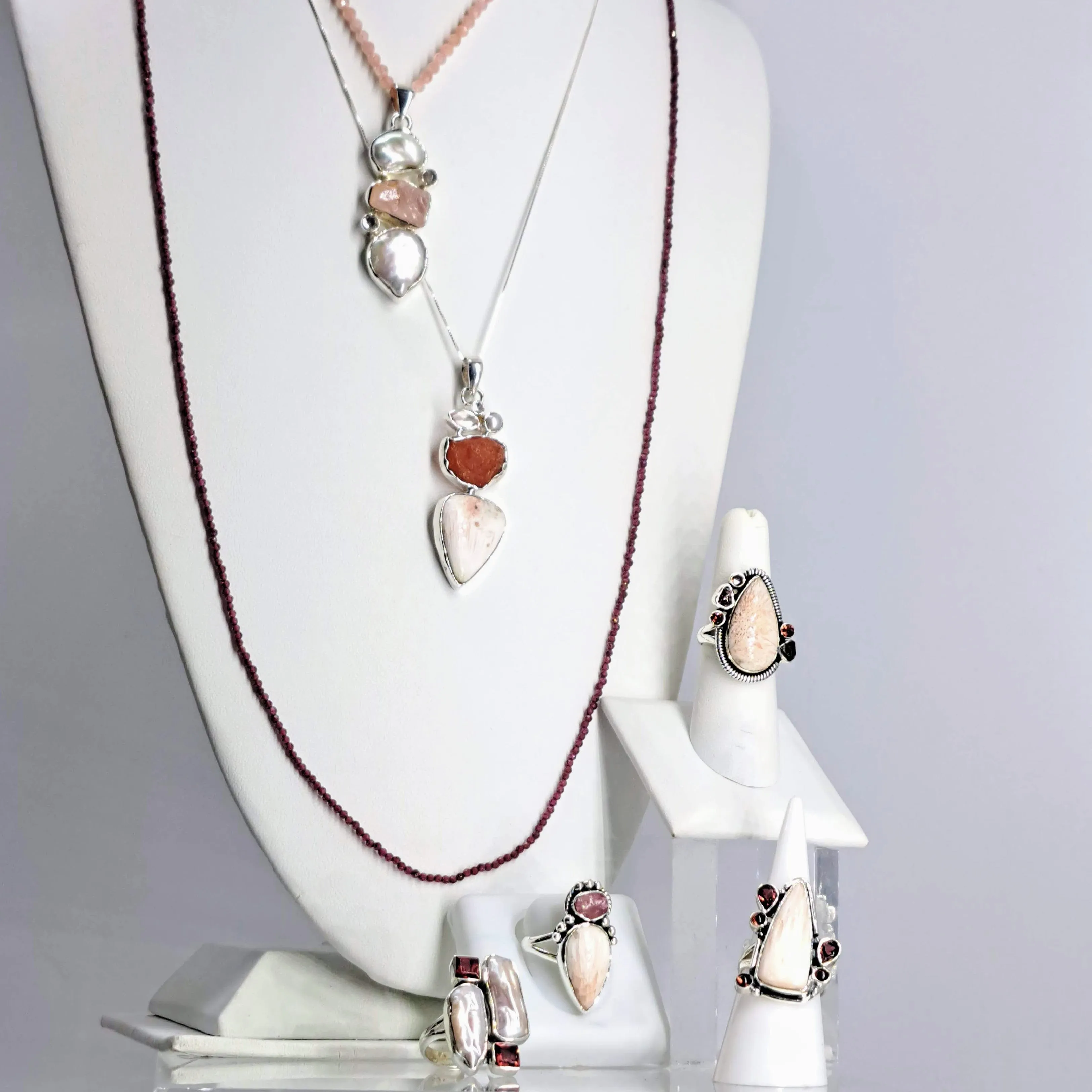 "Flamingo Feather" Sz 7 Ring - Scolecite, Garnet, Sterling
