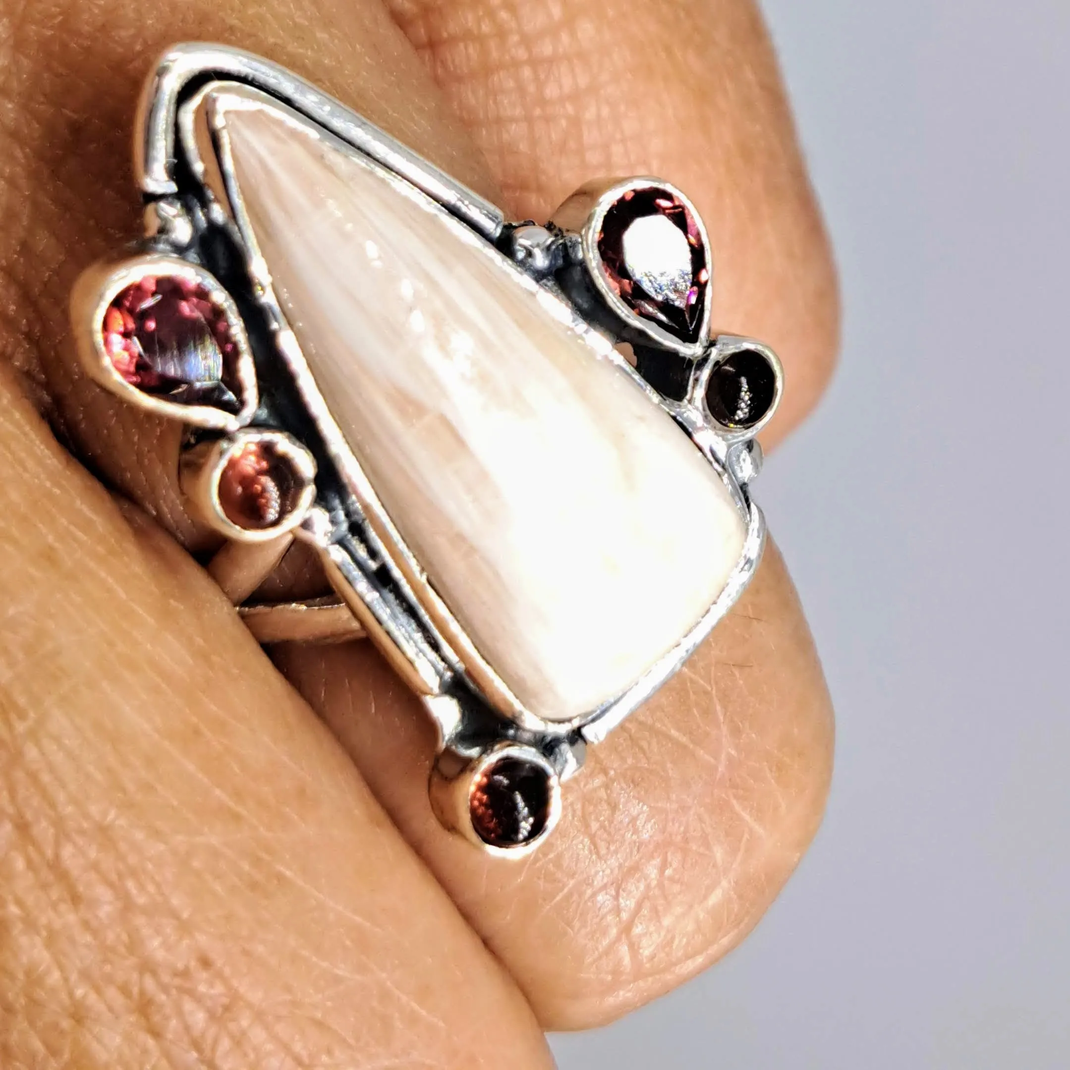 "Flamingo Feather" Sz 7 Ring - Scolecite, Garnet, Sterling