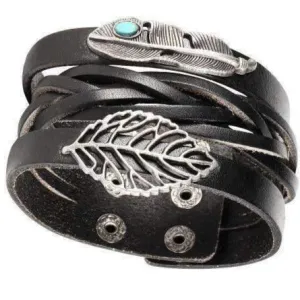 "Float" Feather and Leaf Charm Black Leather Cuff Bracelet