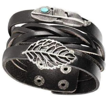 "Float" Feather and Leaf Charm Black Leather Cuff Bracelet