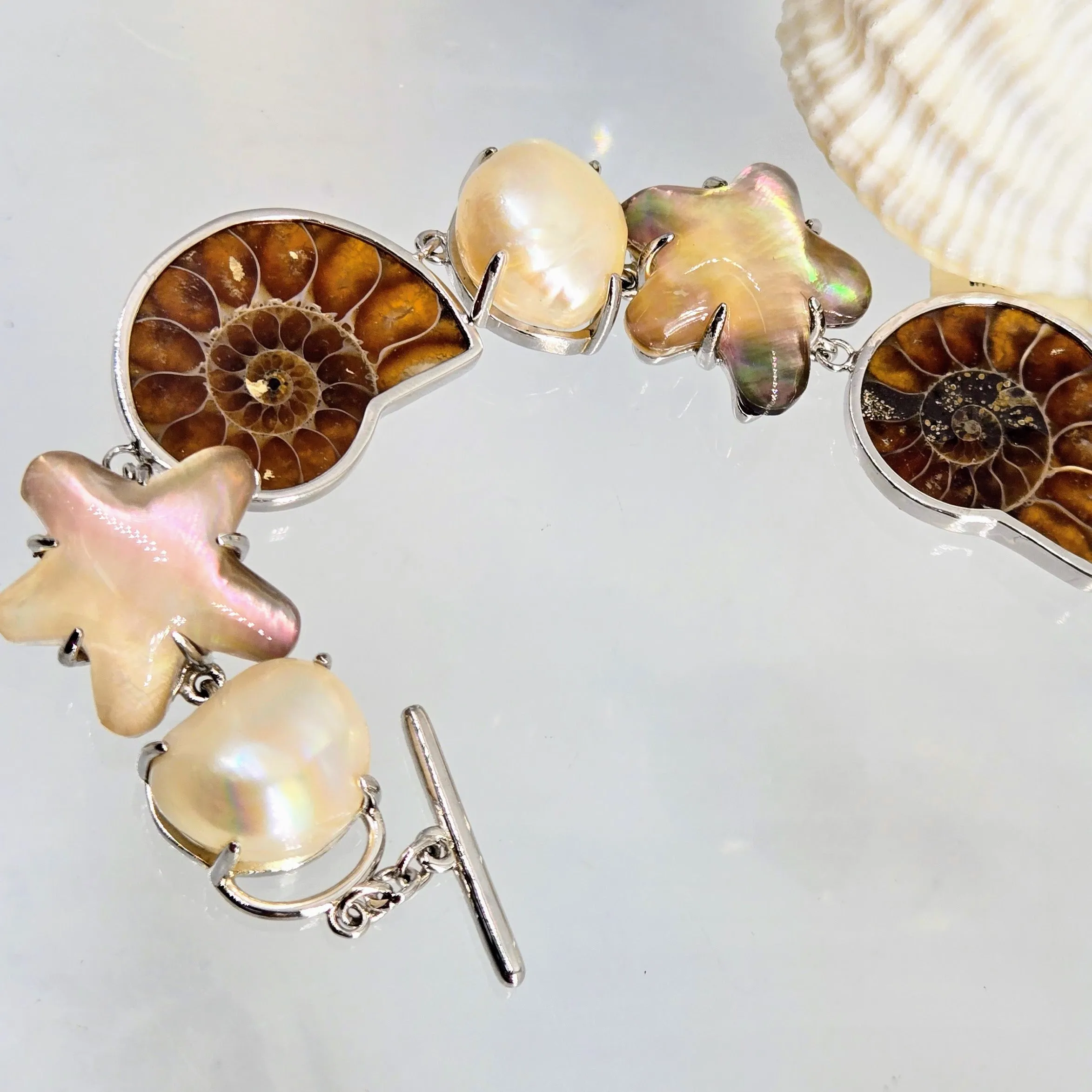 "Sea & Sable" 6.5" Bracelet - Pearl, Ammonite, Mother Of Pearl Doublets, Anti-tarnish Sterling