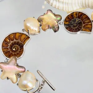 "Sea & Sable" 6.5" Bracelet - Pearl, Ammonite, Mother Of Pearl Doublets, Anti-tarnish Sterling