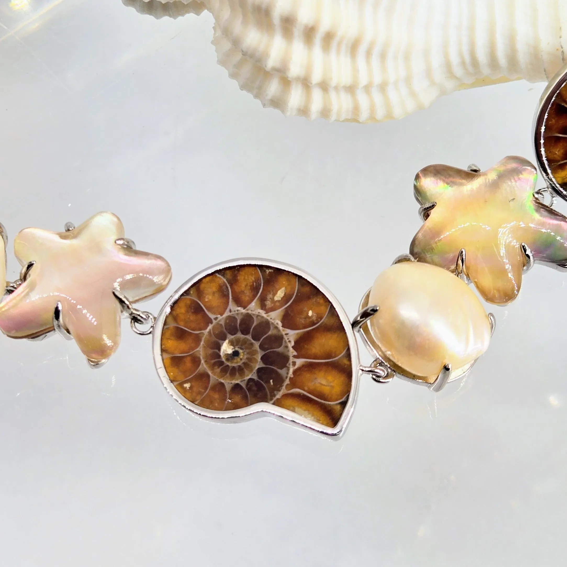 "Sea & Sable" 6.5" Bracelet - Pearl, Ammonite, Mother Of Pearl Doublets, Anti-tarnish Sterling