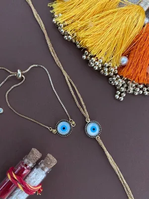 (Rakhi Set of 2) Fancy American Diamond Evil Eye Bracelet And Rakhi Thread For Bhabhi-Brother