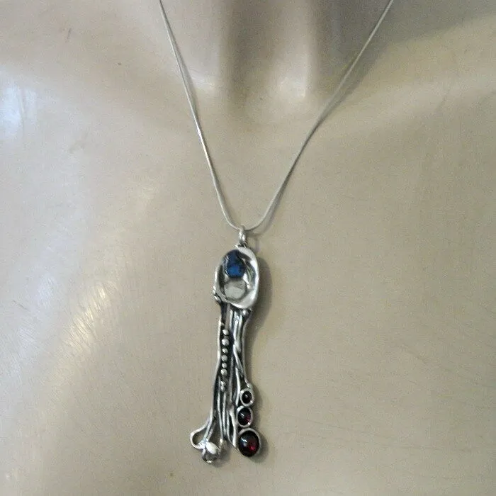 Real Red Garnet Pendant Artistic Handmade 925 Sterling Silver Hadar Designers(H