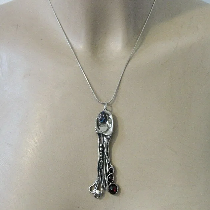 Real Red Garnet Pendant Artistic Handmade 925 Sterling Silver Hadar Designers(H