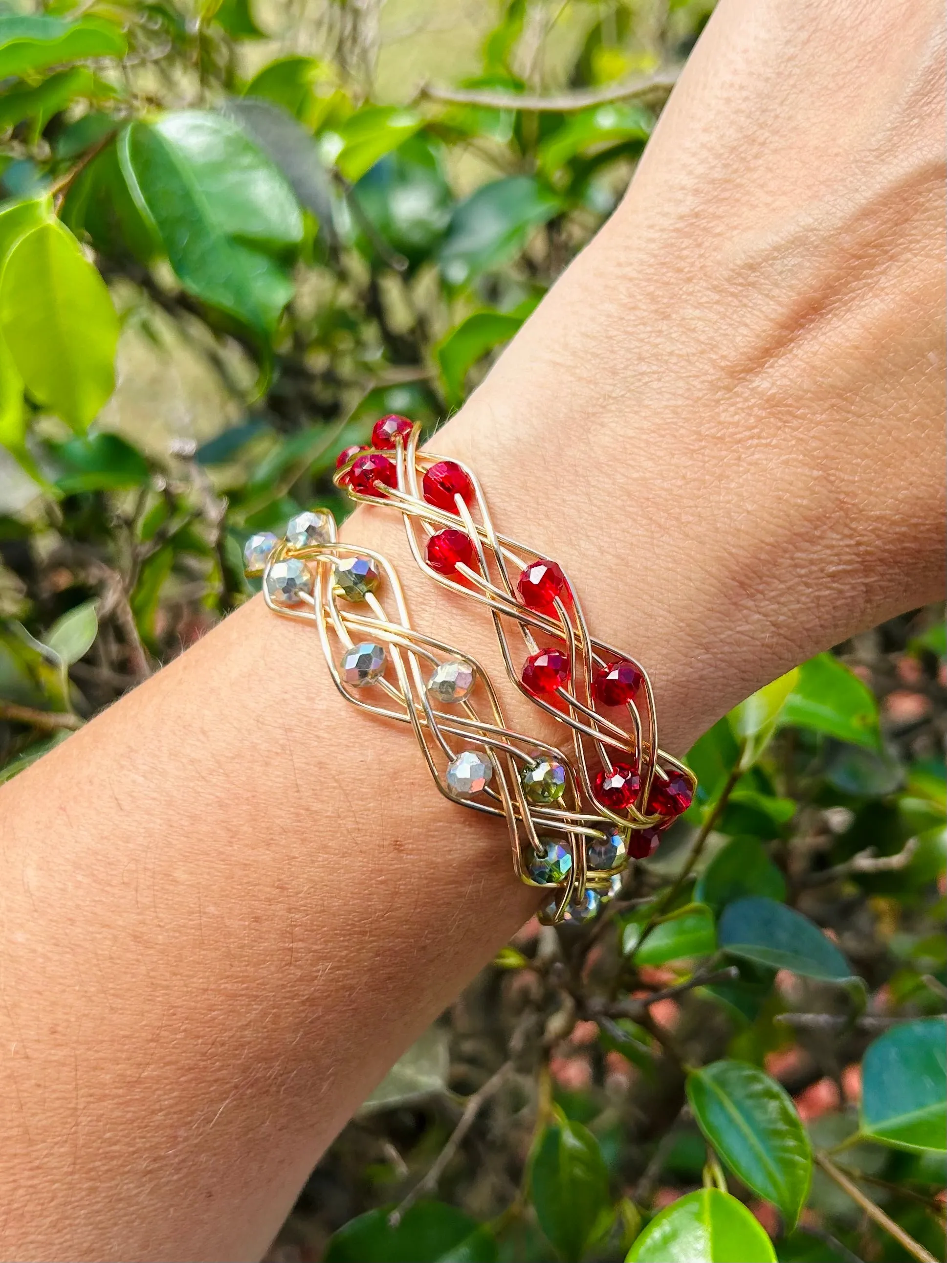 Red Double Braid Wave Rondelle Crystals Bracelet