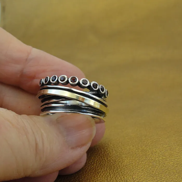 Red Garnet Zircon Ring 9k Yellow Gold 925 Silver Handmade Hadar Designers (Ms)Y