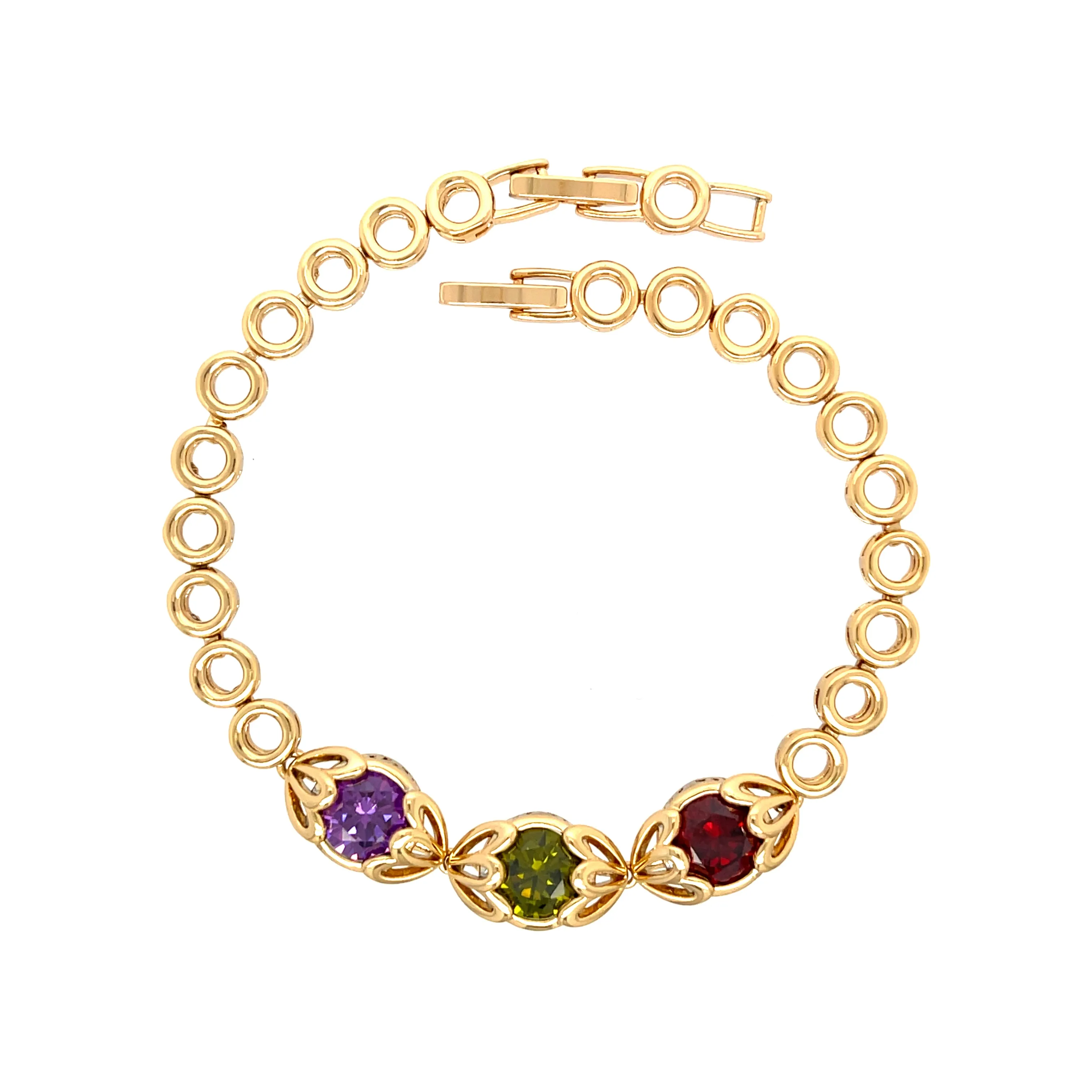 Red Green and Purple Gemstone Link bracelet 18k Gold filled