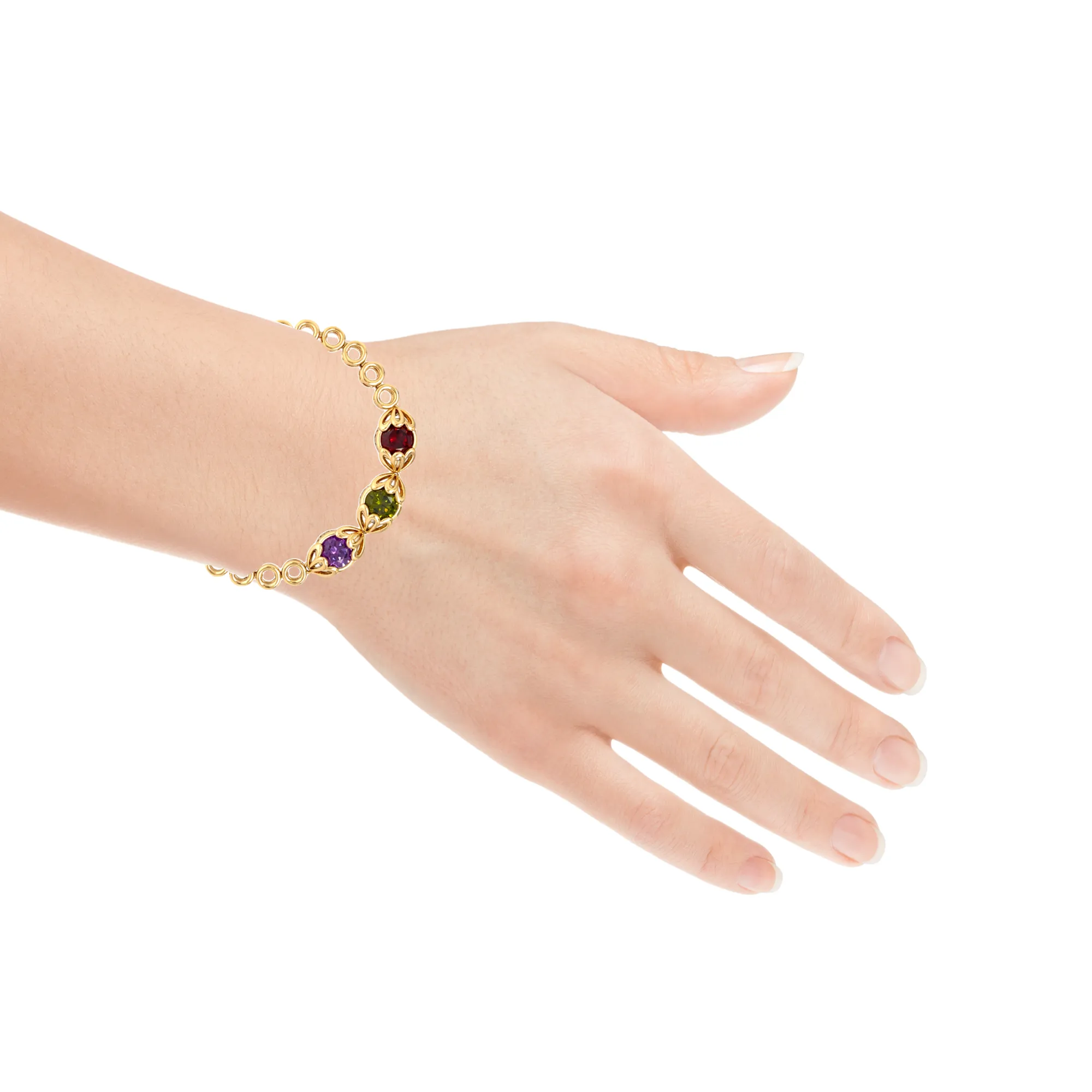 Red Green and Purple Gemstone Link bracelet 18k Gold filled