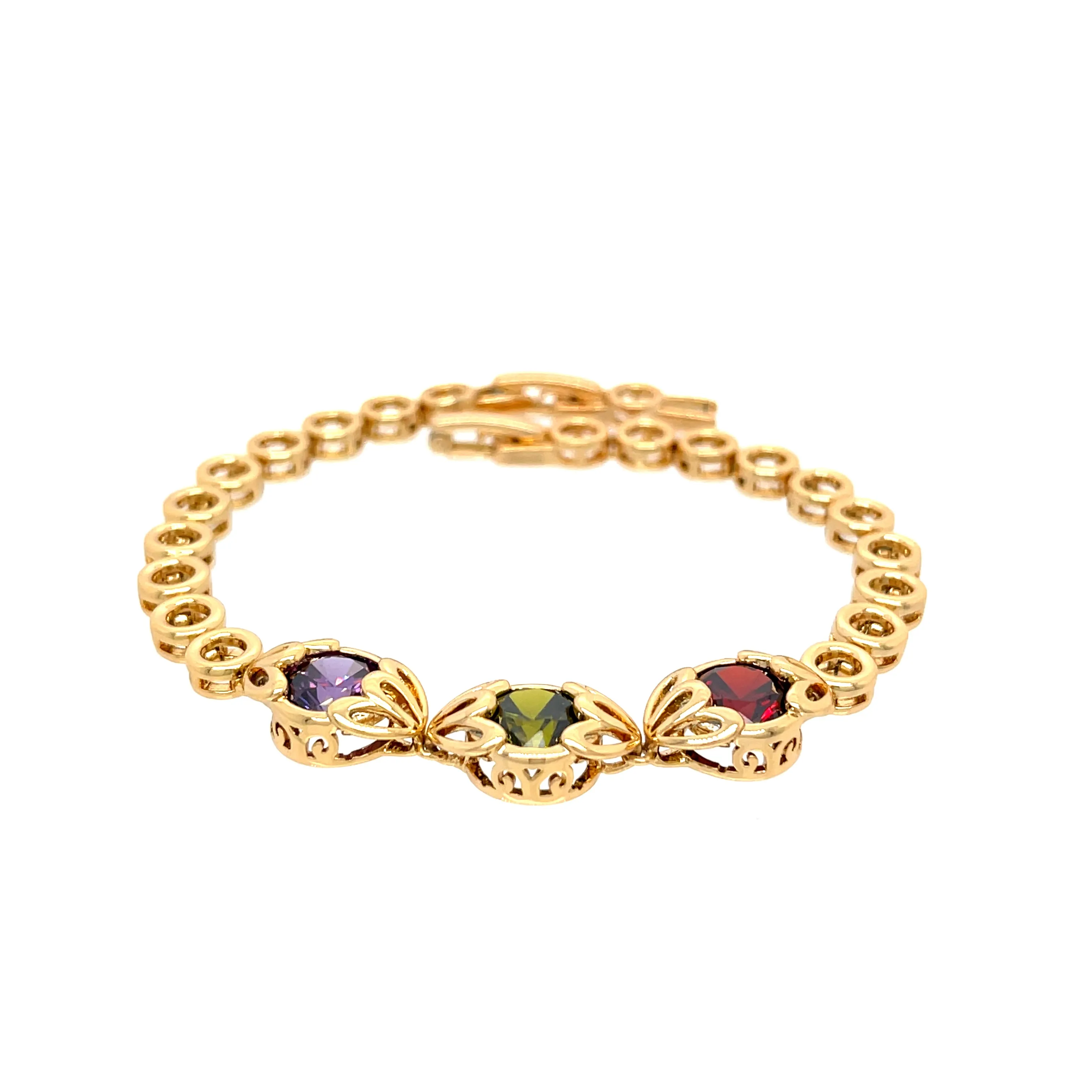 Red Green and Purple Gemstone Link bracelet 18k Gold filled